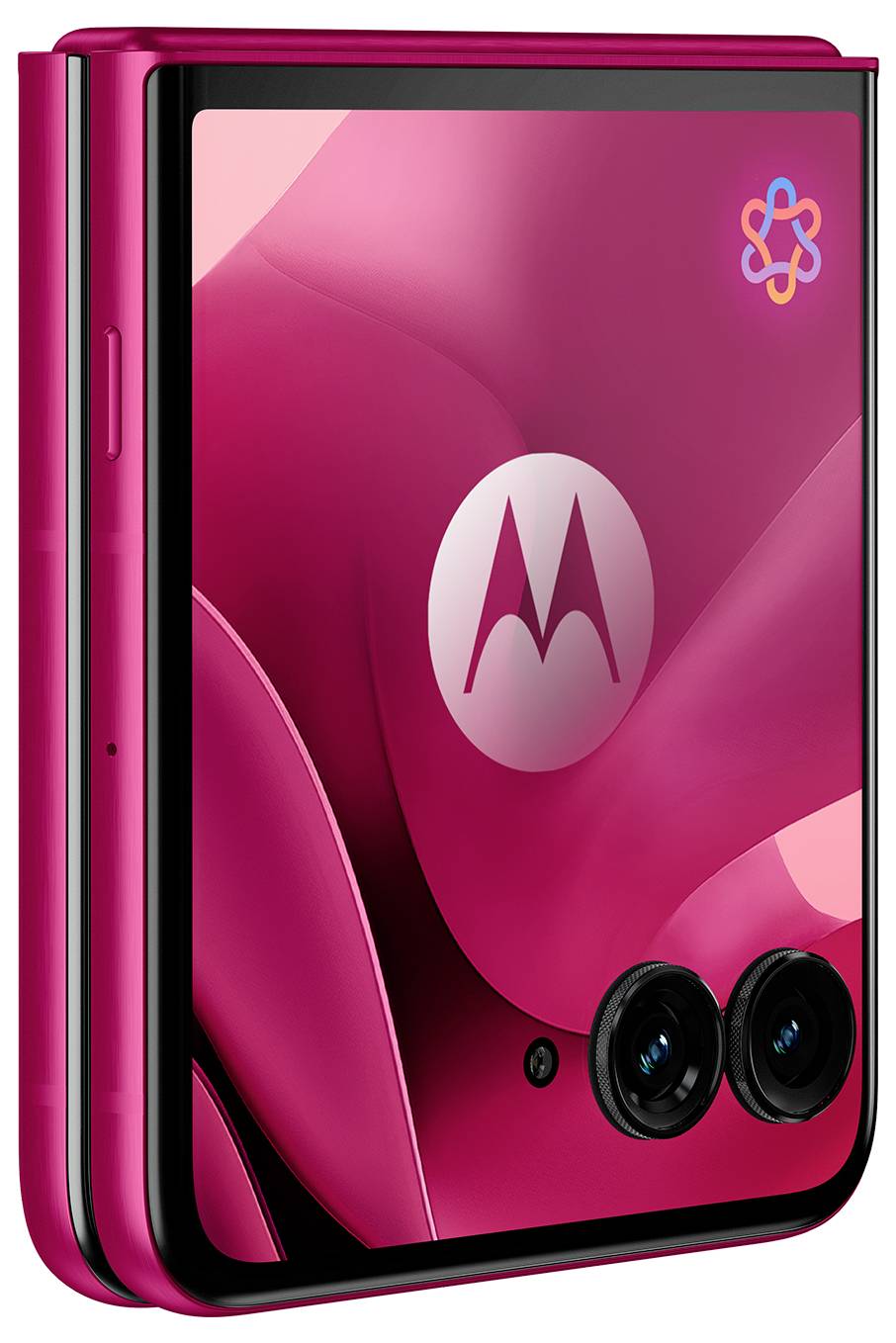 Ein rotes klappbares Smartphone, das teilweise offen ist und seine Rückseite mit zwei Kameraobjektiven und dem Motorola-Logo zeigt, mit schlanken, geschwungenen Kanten.