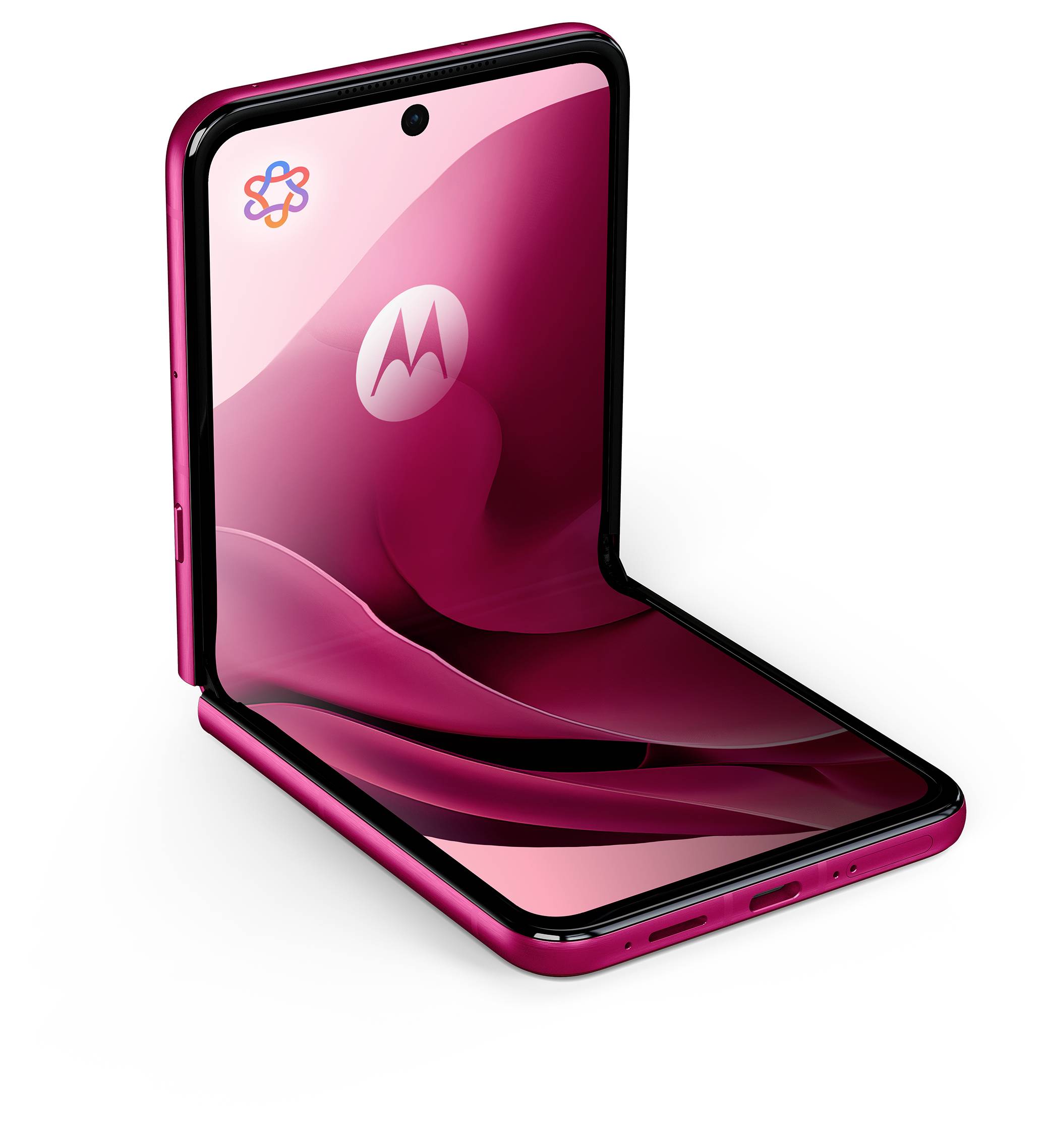 Ein rosa zusammenklappbares Smartphone, teilweise geöffnet, das das Motorola-Logo auf seinem Bildschirm vor einem roten abstrakten Hintergrund anzeigt.