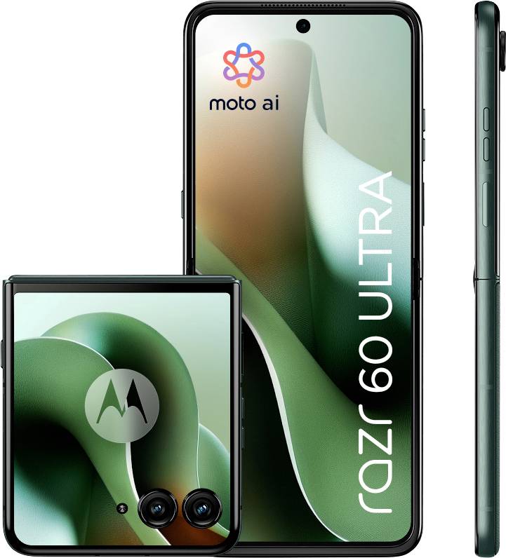 Faltbares Smartphone in Smaragdgrün, das seine Vorder- und Rückseite zeigt. Der Bildschirm zeigt „razr 60 ULTRA