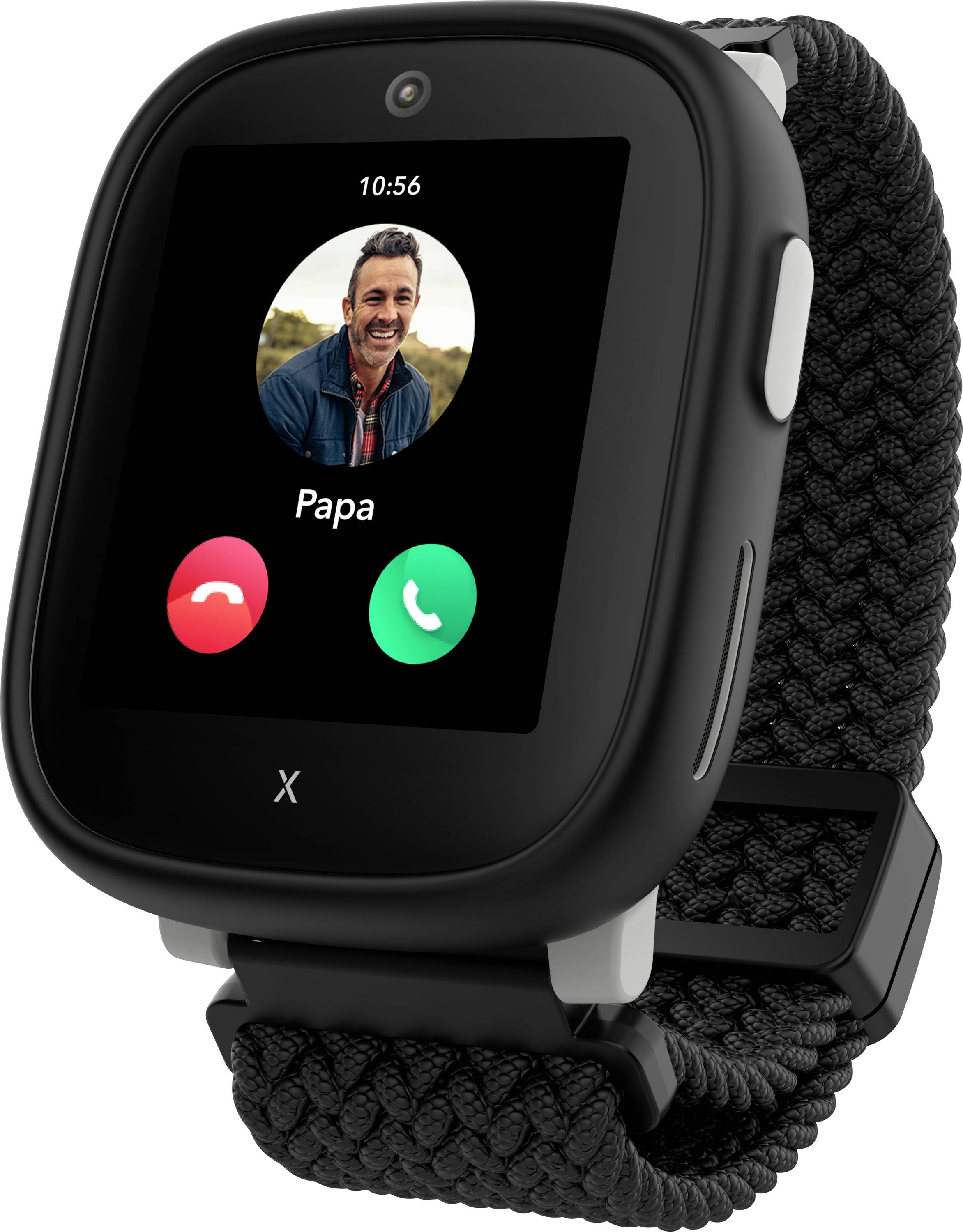 Eine Smartwatch zeigt einen eingehenden Anruf von 'Papa' um 10:56 Uhr an, mit einem roten Ablehnungsbutton und einem grünen Annahmebutton.