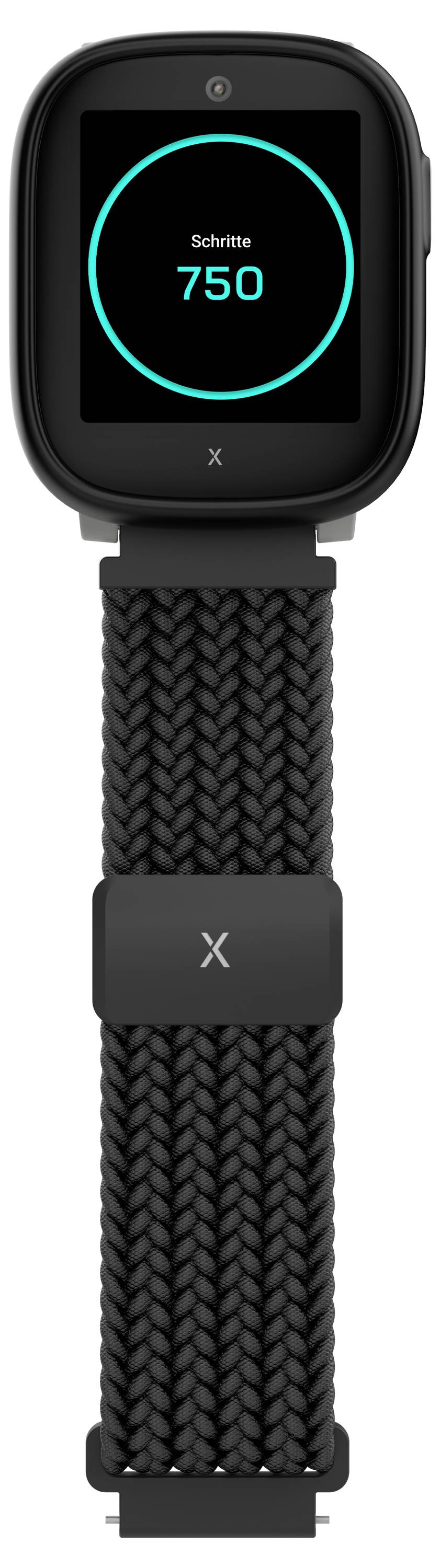 Eine Smartwatch zeigt '750 Schritte' an und gibt Aufschluss über die Schrittzahl. Sie verfügt über ein geflochtenes schwarzes Armband und einen schlanken rechteckigen Bildschirm.