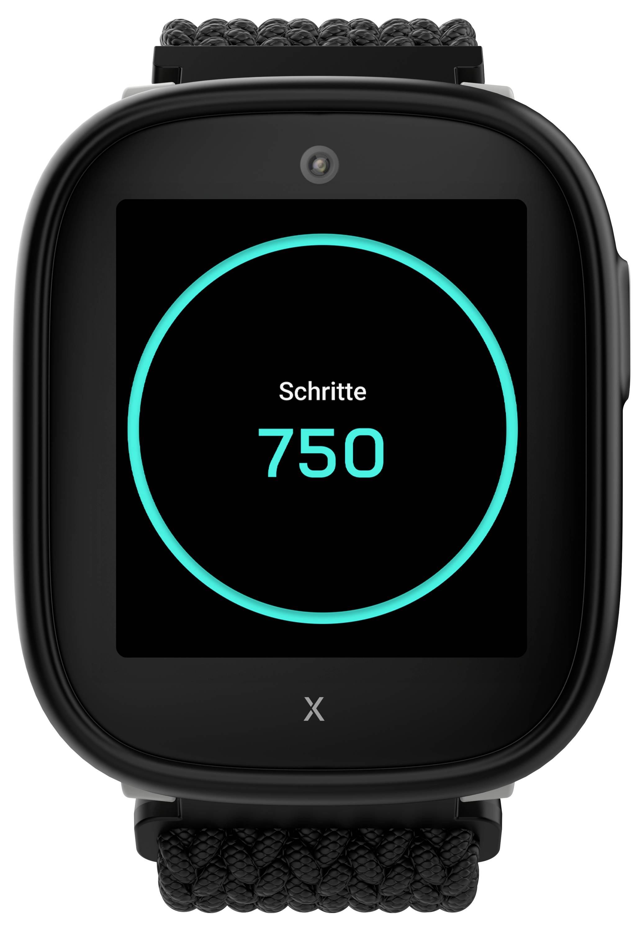 Eine schwarze Smartwatch zeigt eine Schrittzahl von 750 mit einem kreisförmigen Fortschrittsbalken um die Zahl herum, beschriftet mit 'Schritte'.