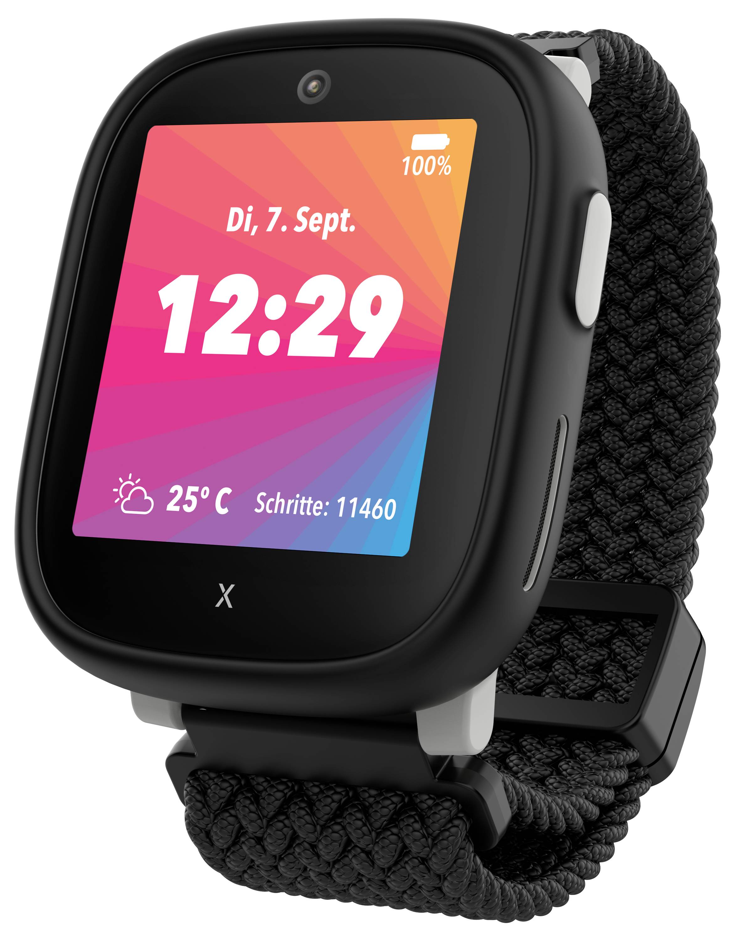 Eine Smartwatch zeigt 'Di, 7. Sept., 12:29', Akku bei 100%, Temperatur 25°C und Schrittzähler 11.460 auf einem lebendigen, bunten Display.
