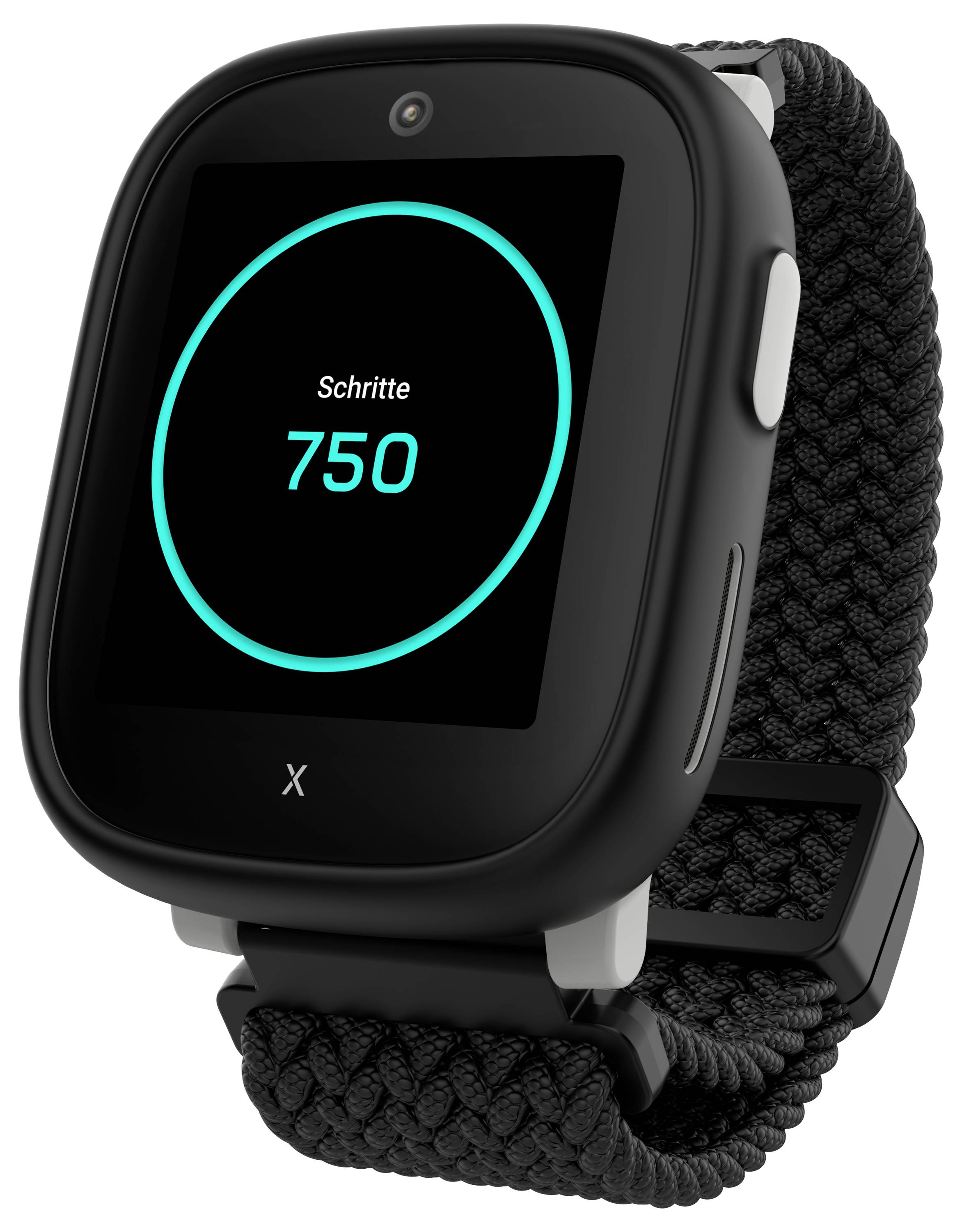 Eine schwarze Smartwatch mit einem gewebten Band zeigt 'Schritte 750' auf dem Bildschirm, was die Schrittzahl angibt. Ein Knopf ist an der Seite sichtbar.