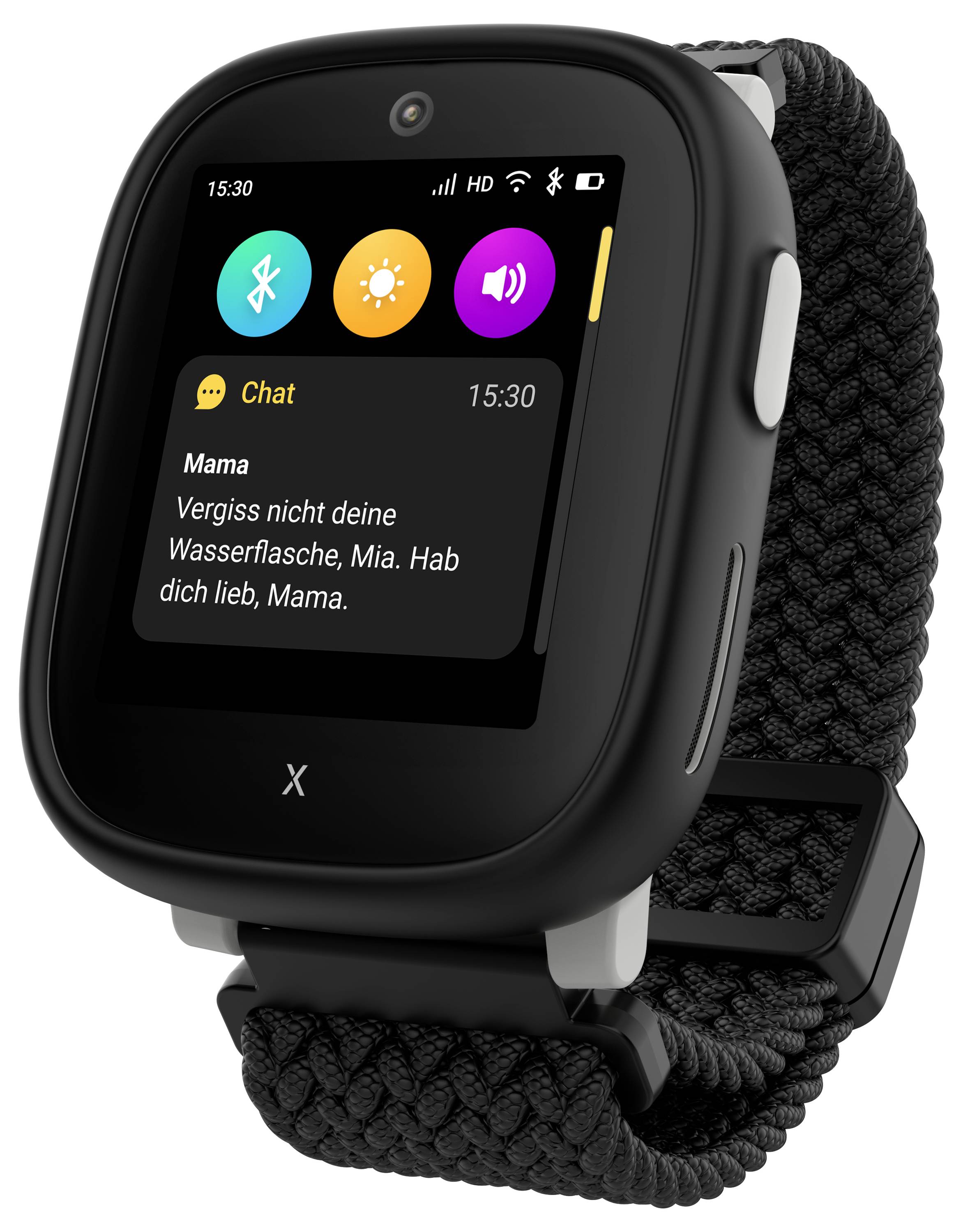 Eine schwarze Smartwatch mit einem geflochtenen Armband zeigt eine Chat-Benachrichtigung von 'Mama', die 'Mia' daran erinnert, ihre Wasserflasche nicht zu vergessen.