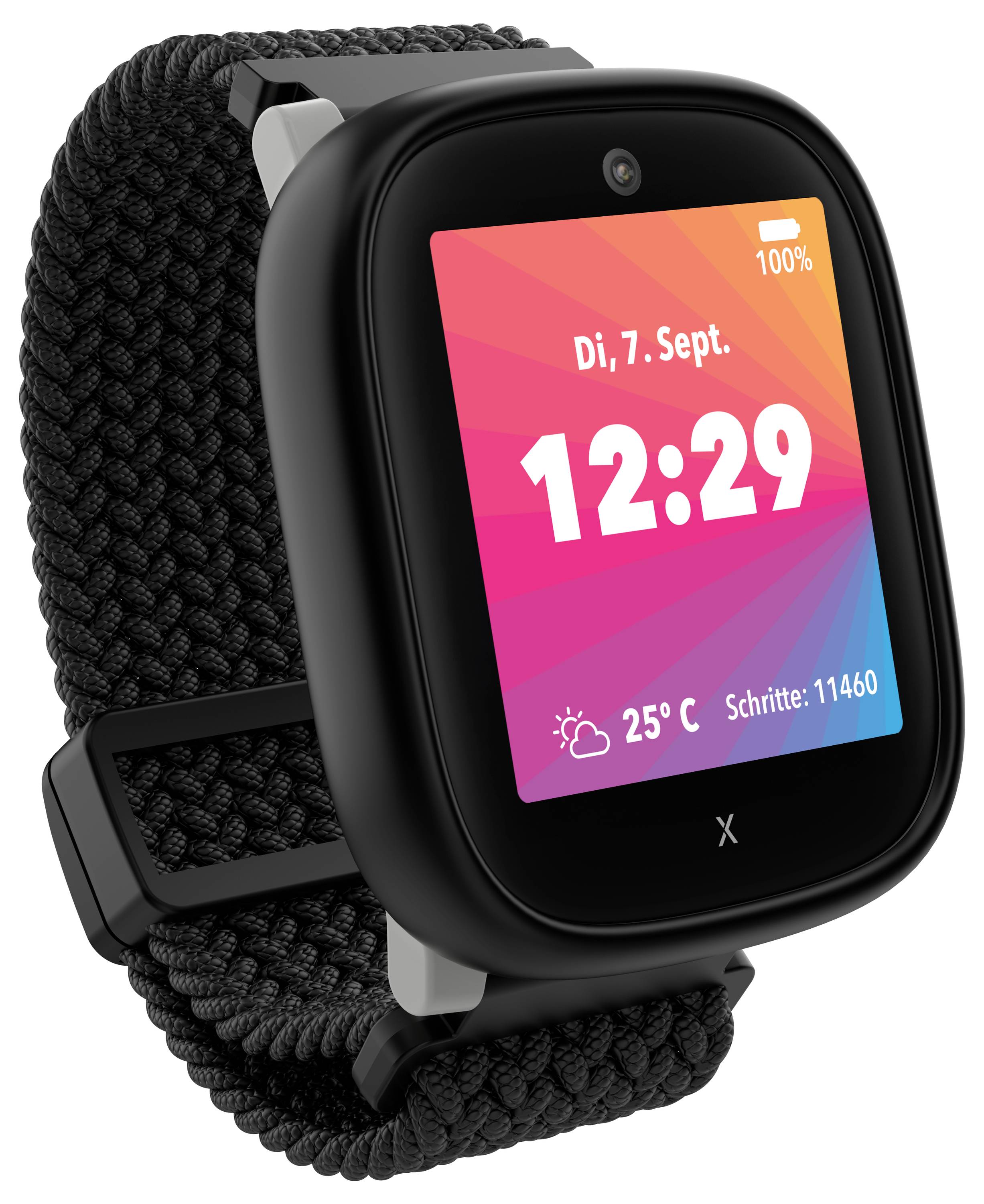 Eine Smartwatch mit einem bunten Display, das das Datum, die Uhrzeit (12:29), das Wetter (25°C) und die Schrittzahl (11.460) anzeigt. Schwarzes gewebtes Armband.
