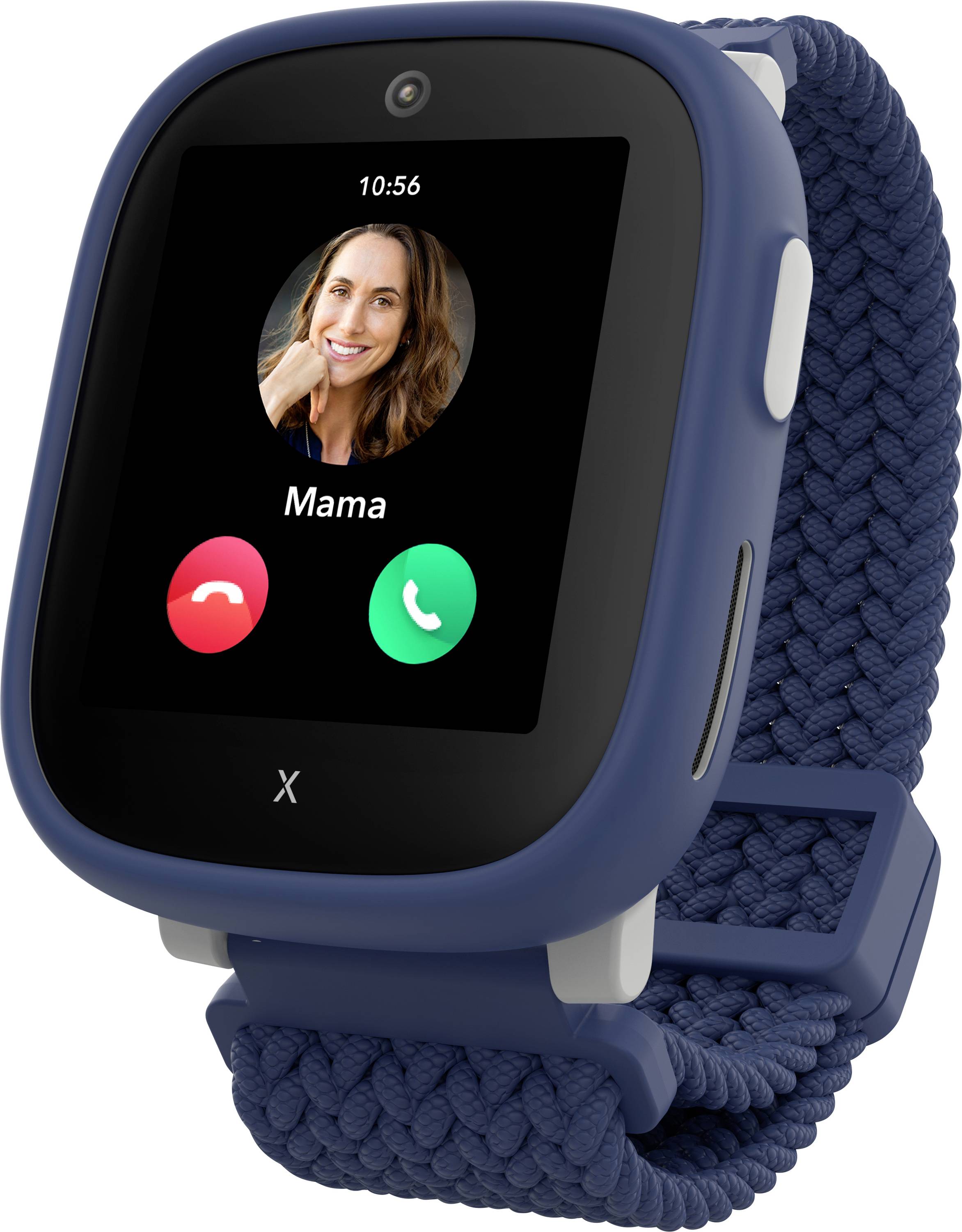 Eine Smartwatch mit blauem Band zeigt einen eingehenden Anrufbildschirm, auf dem ein Anrufer als 'Mama' identifiziert wird, mit Annahme- und Ablehnungsschaltflächen.