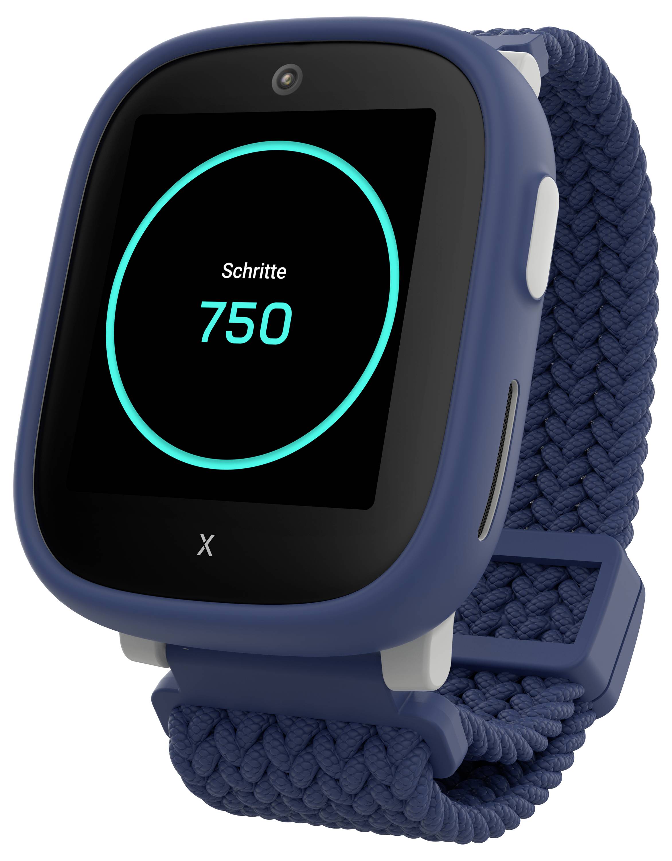 Eine Smartwatch mit einem blauen Armband zeigt 'Schritte 750' auf dem Display, was einer Schrittzahl von 750 entspricht.