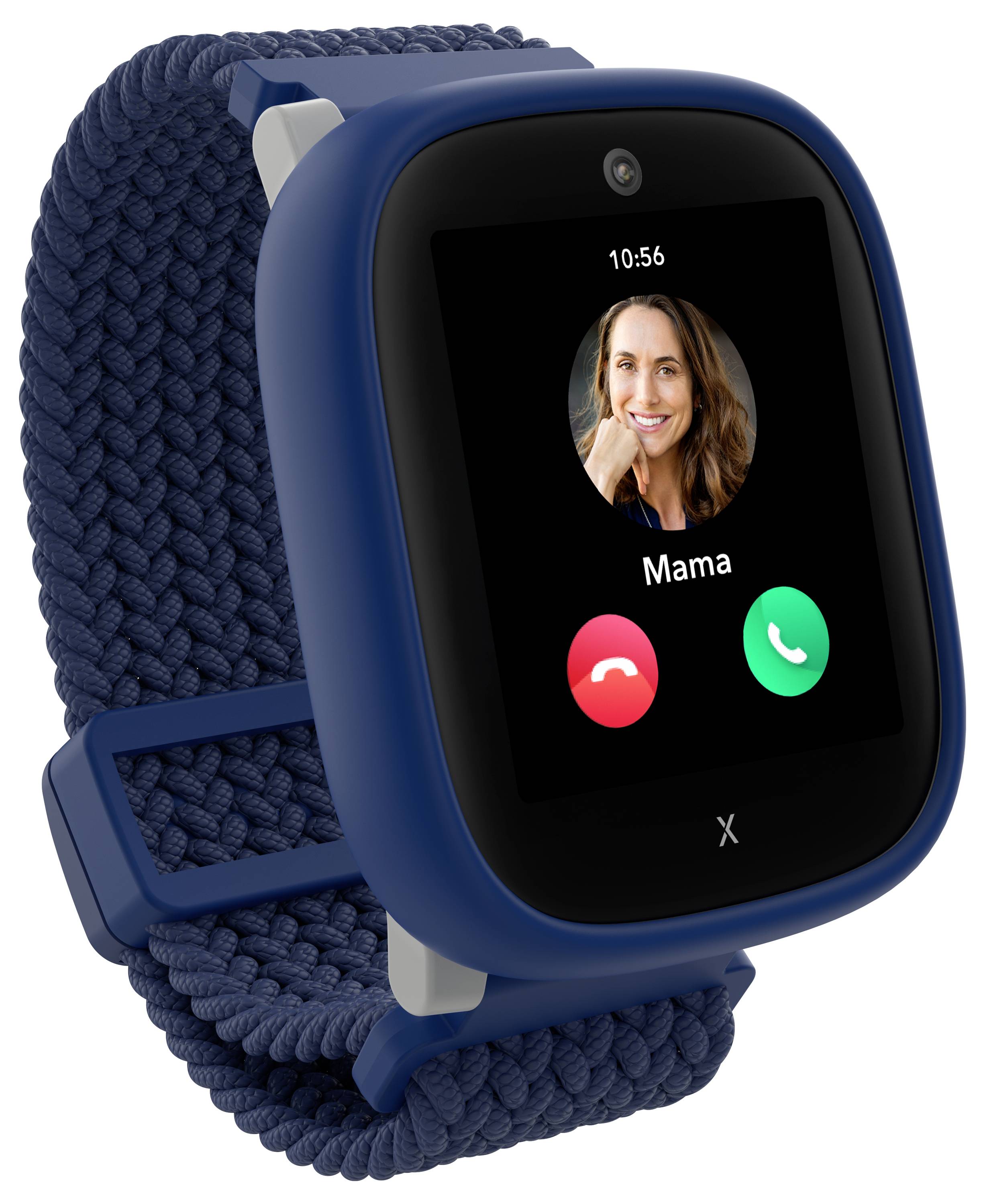 Smartwatch mit blauem Band zeigt eine Anrufer-ID mit der Bezeichnung 'Mama' und Optionen zum Annehmen oder Ablehnen des Anrufs.