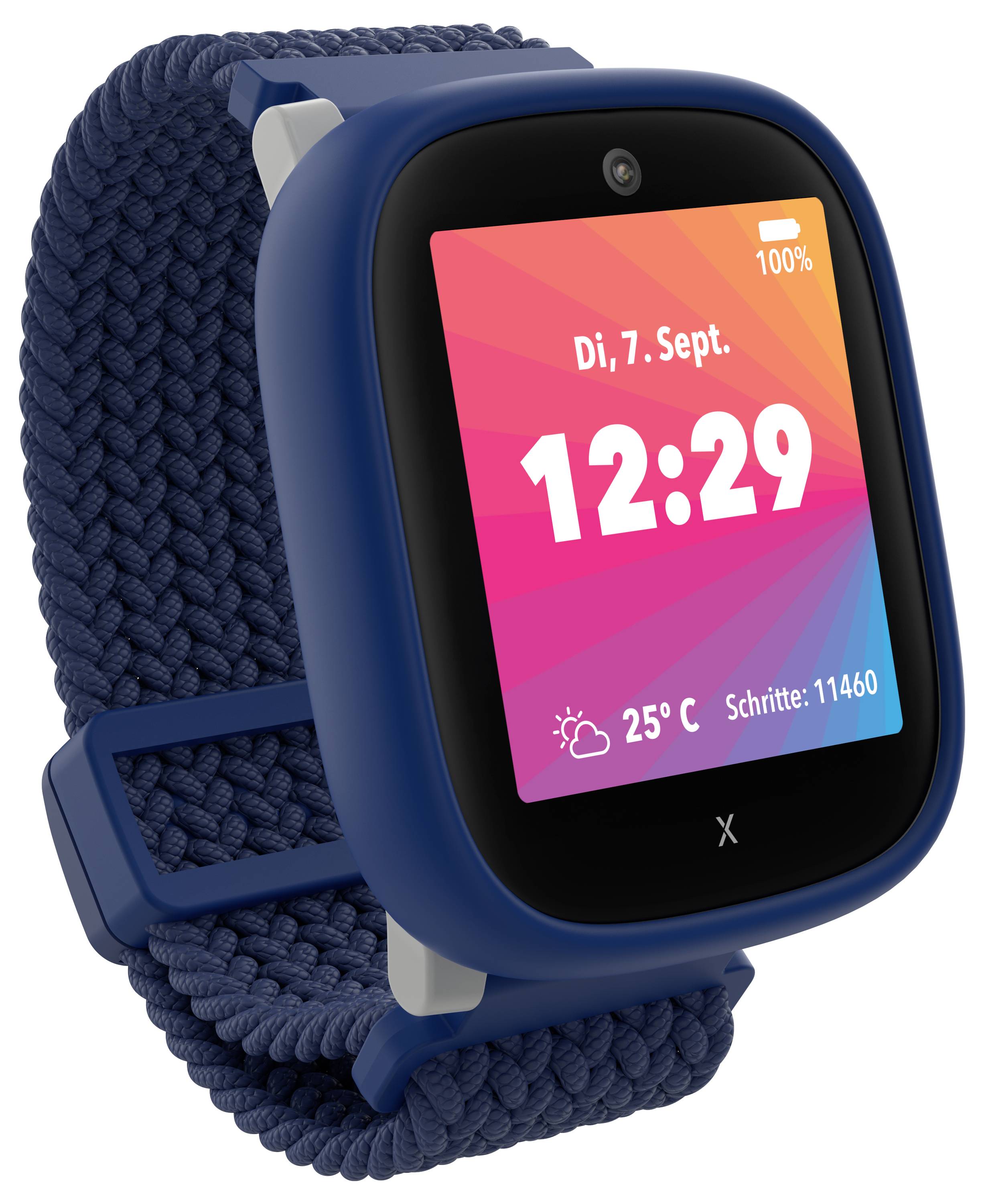 Eine blaue Smartwatch zeigt das Datum 'Di, 7. Sept.', die Uhrzeit '12:29', die Temperatur '25°C' und die Schrittzahl '11.460'. Heller, farbenfroher Bildschirm.