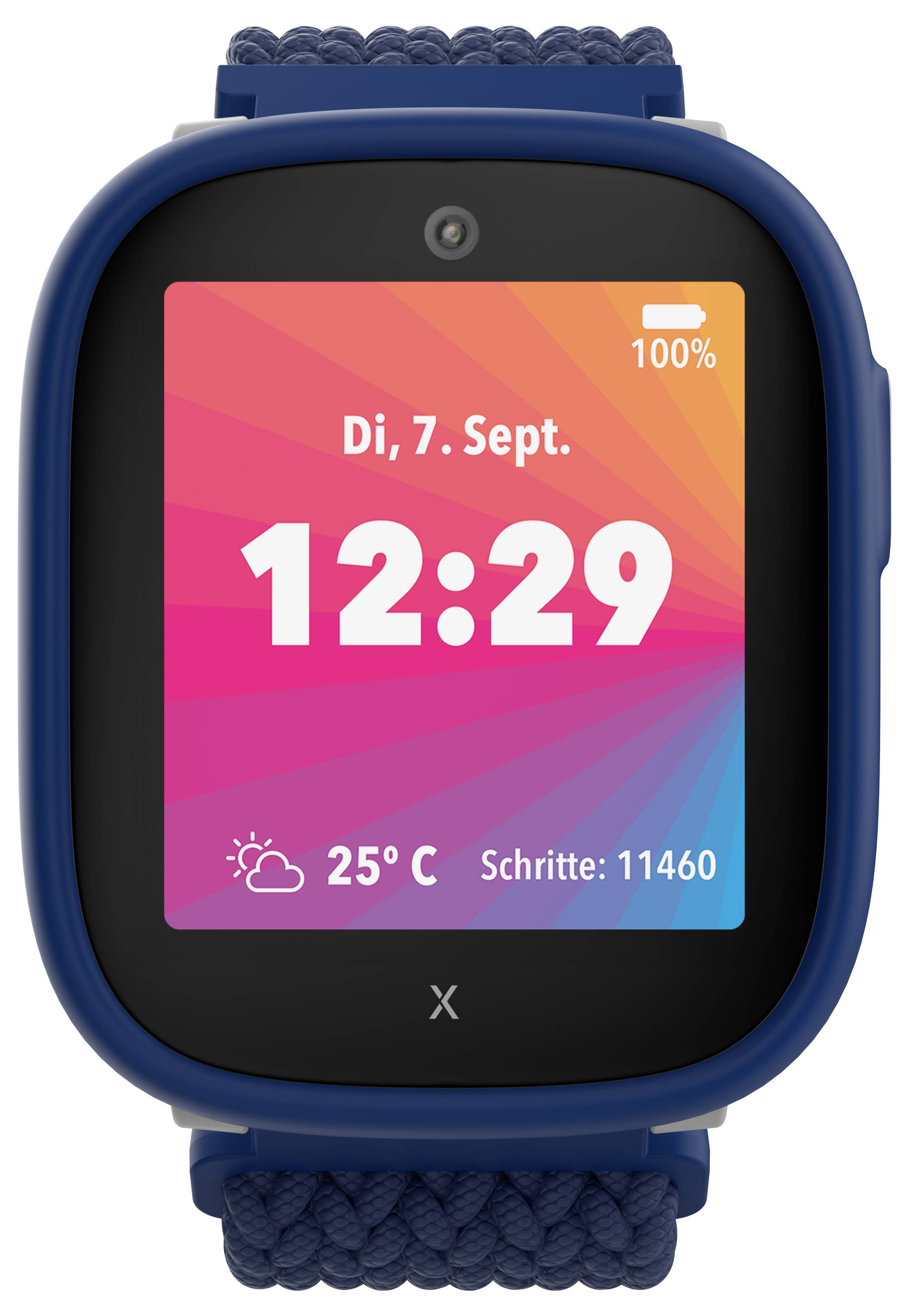 Eine digitale Uhr mit blauem Band zeigt 'Di, Sept 7' und '12:29'. Der Bildschirm weist eine Temperatur von 25°C und eine Schrittzahl von 11.460 auf.