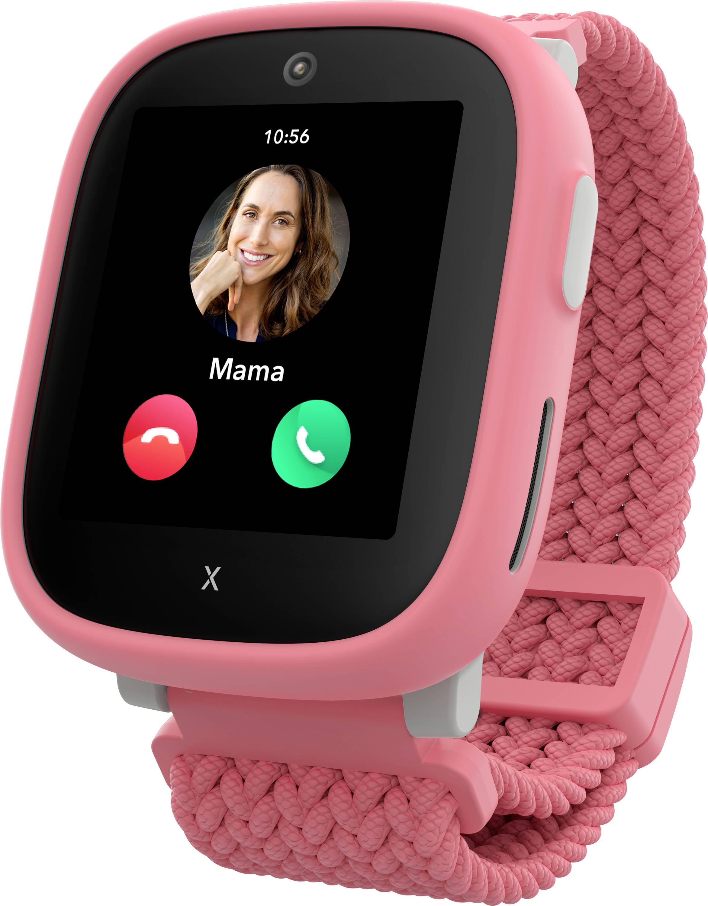 Eine rosa Smartwatch mit einem geflochtenen Armband zeigt einen eingehenden Anruf von 'Mama' um 10:56 Uhr, mit grünen Annahme- und roten Ablehnungsbuttons.