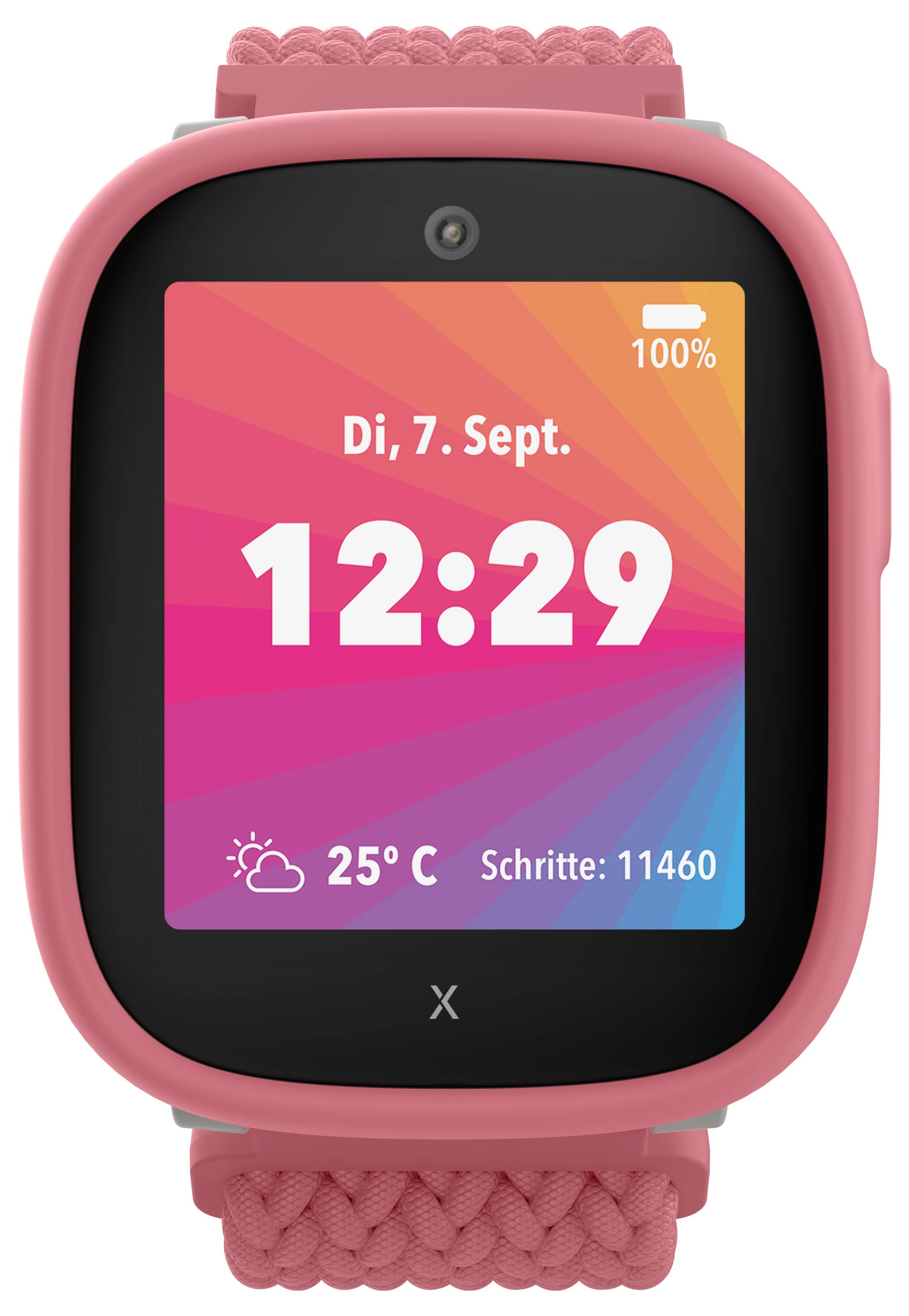 Eine rosa Smartwatch zeigt das Datum als 'Di, 7. Sept.', die Uhrzeit als '12:29', das Wetter als 25°C und die Schrittzahl als 11.460.
