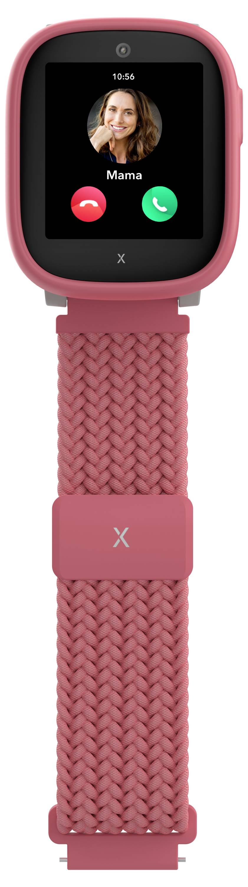 Ein rosa Smartwatch zeigt einen Anrufbildschirm mit 'Mama' über grünen Annahme- und roten Ablehnungsschaltflächen, was einen eingehenden Anruf anzeigt.