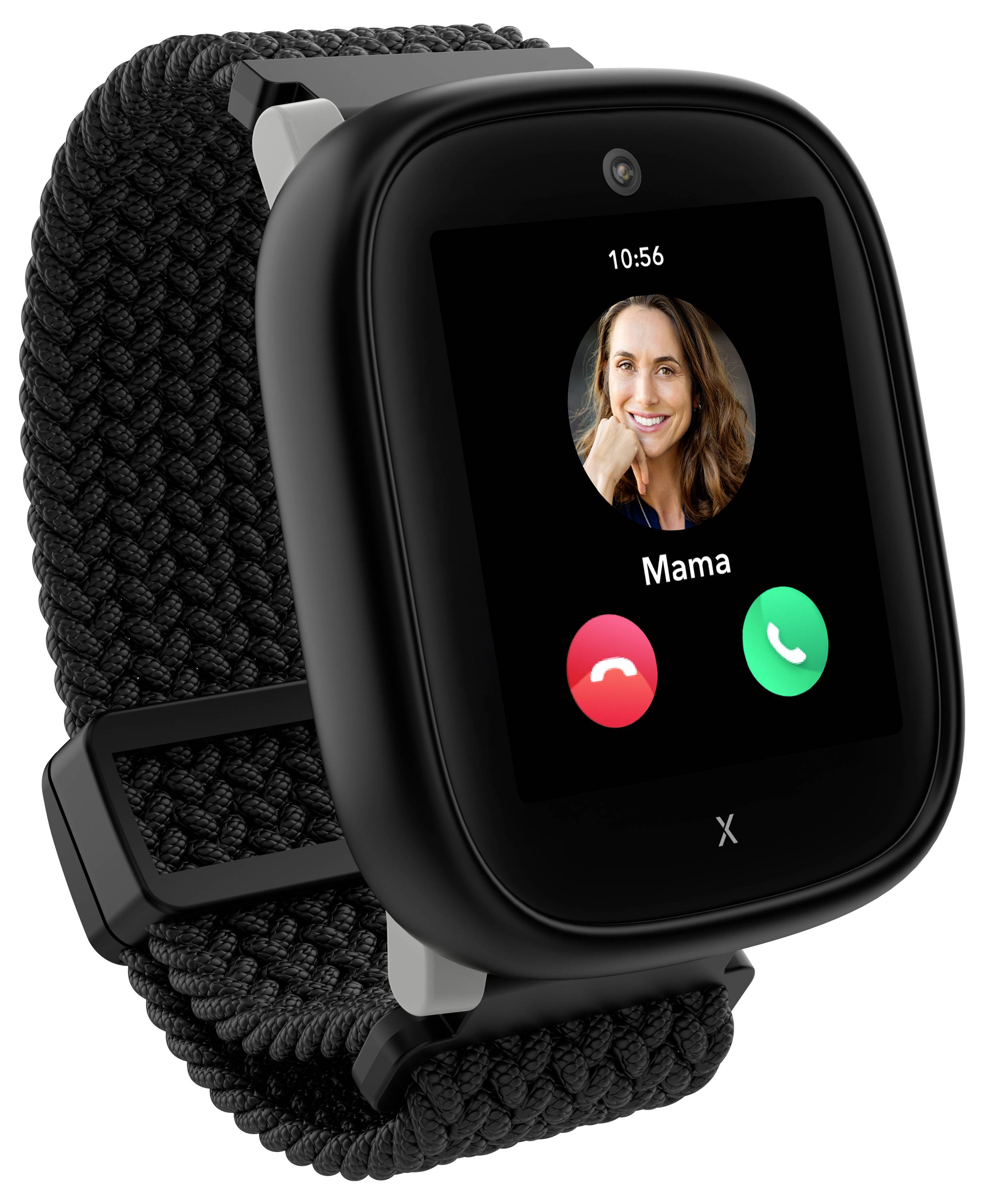 Smartwatch mit geflochtenem schwarzem Armband, auf dem ein eingehender Anruf von 'Mama' angezeigt wird, mit roten Ablehnen- und grünen Annehmen-Tasten unter dem Foto.