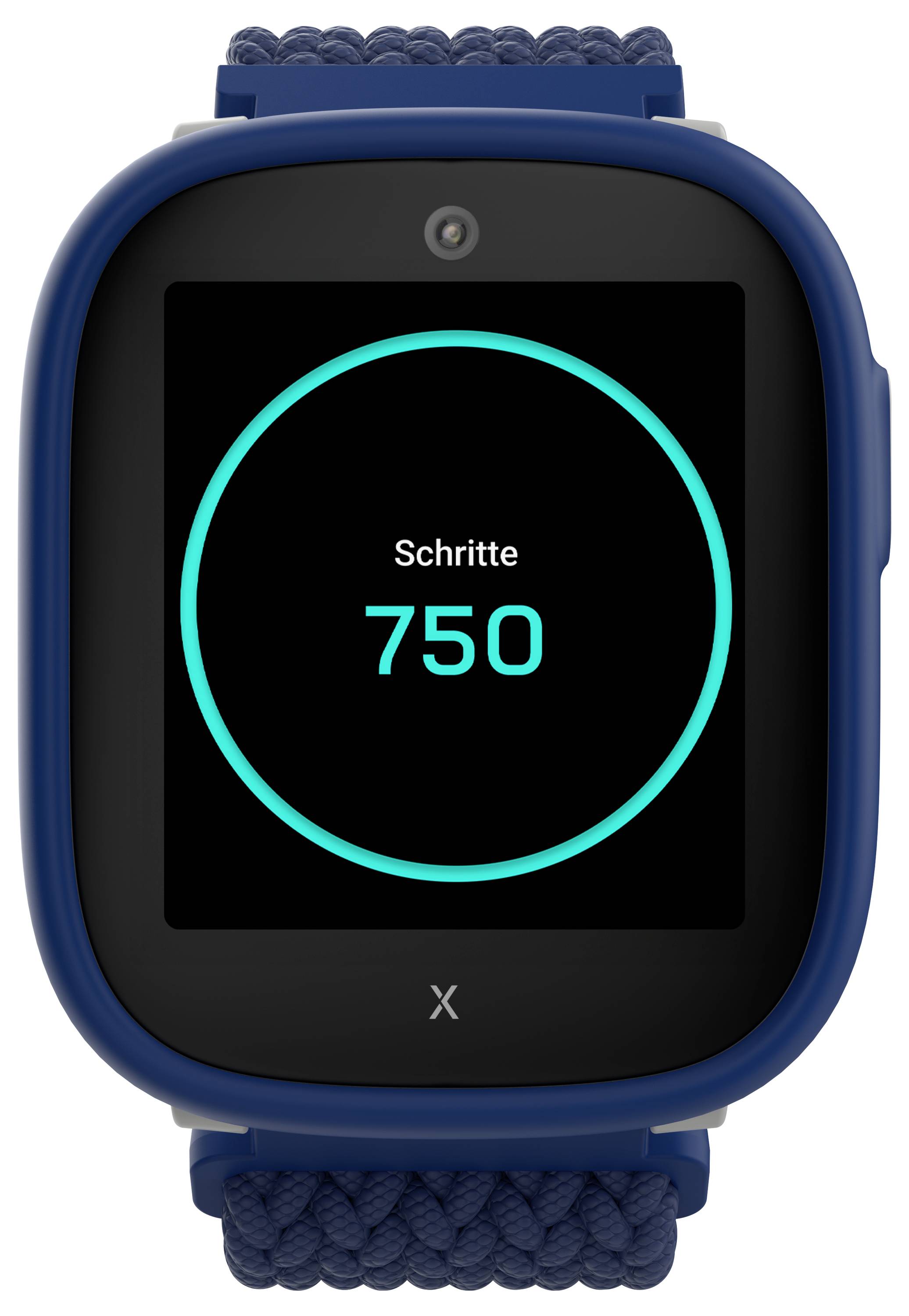 Eine Smartwatch mit einem blauen Armband, auf deren Bildschirm 'Schritte 750' angezeigt wird, was bedeutet, dass der Träger 750 Schritte gegangen ist.