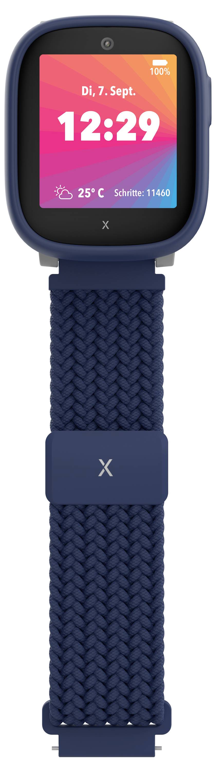 Der Bildschirm einer digitalen Smartwatch zeigt das Datum 'Di, 7. Sept.', die Uhrzeit '12:29', das Wetter '25°C' und die Schritte 'Schritte: 1160'. Das Armband ist blau.