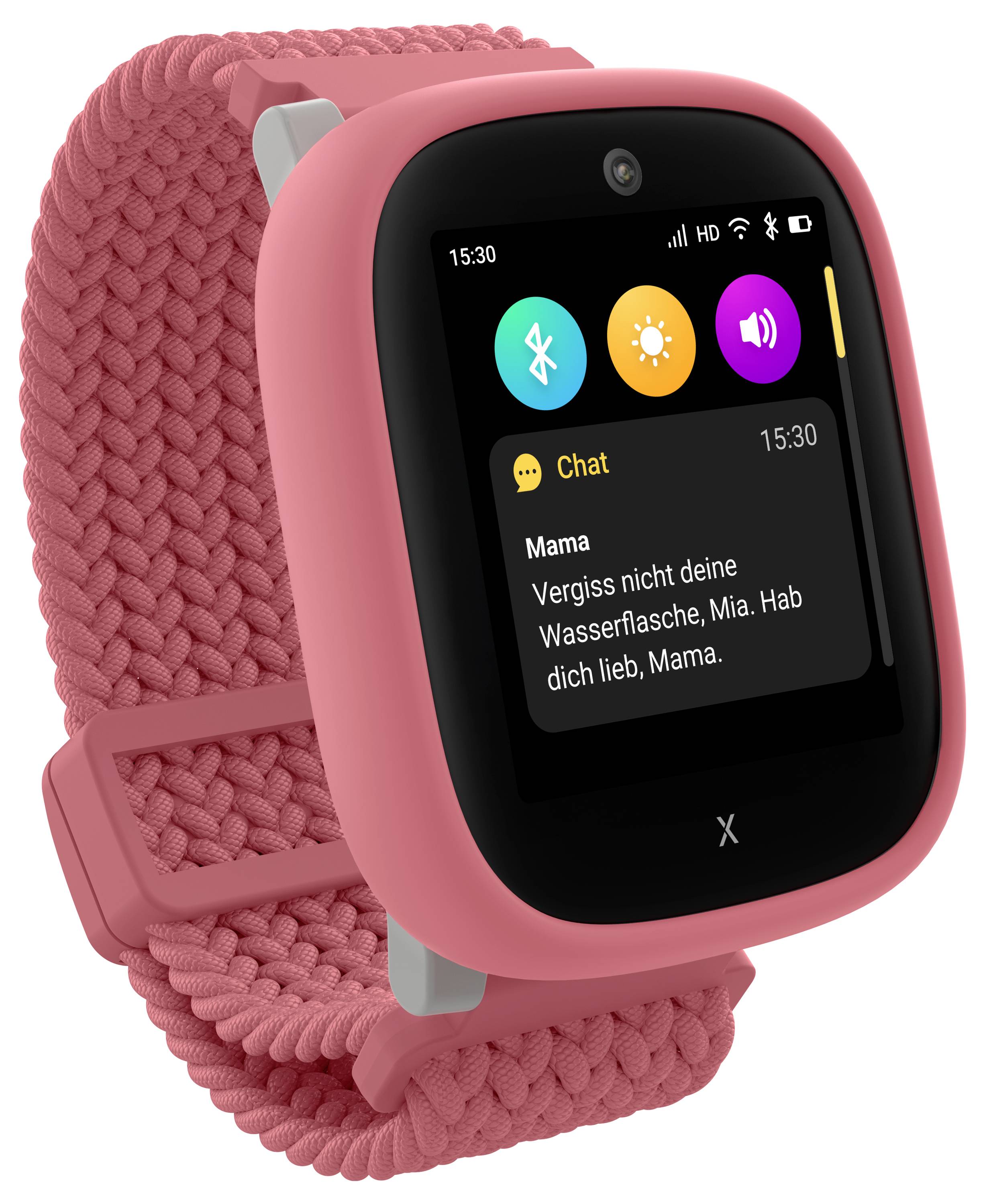 A smartwatch with a pink band displays a message notification: 'Mom: Don't forget your water bottle, Mia. Love you, Mom.'