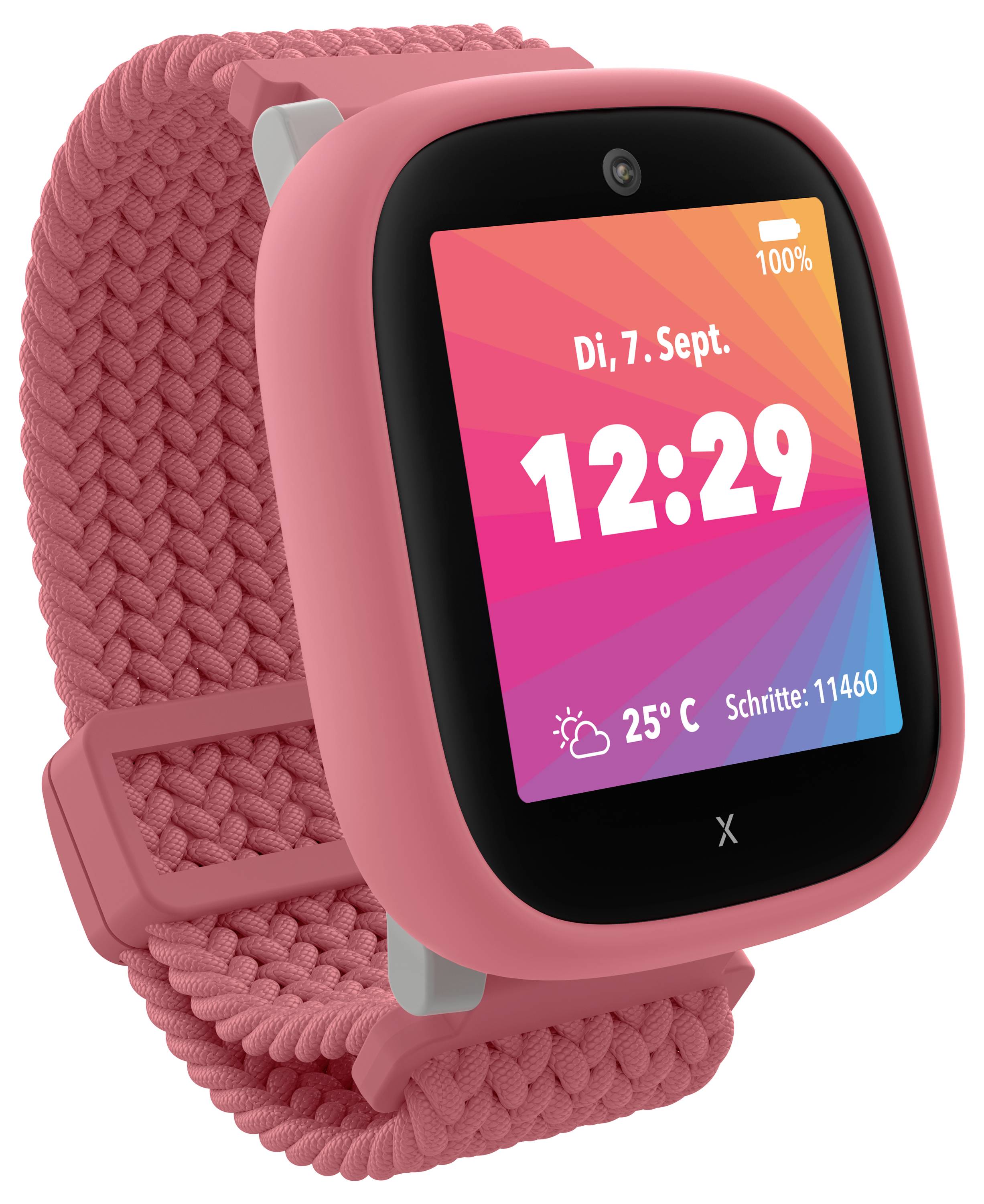 Eine rosa Smartwatch, die das Datum 'Di, 7. Sept.', die Uhrzeit '12:29', die Temperatur '25°C' und die Schritte '11460' auf einem bunten Hintergrund anzeigt.