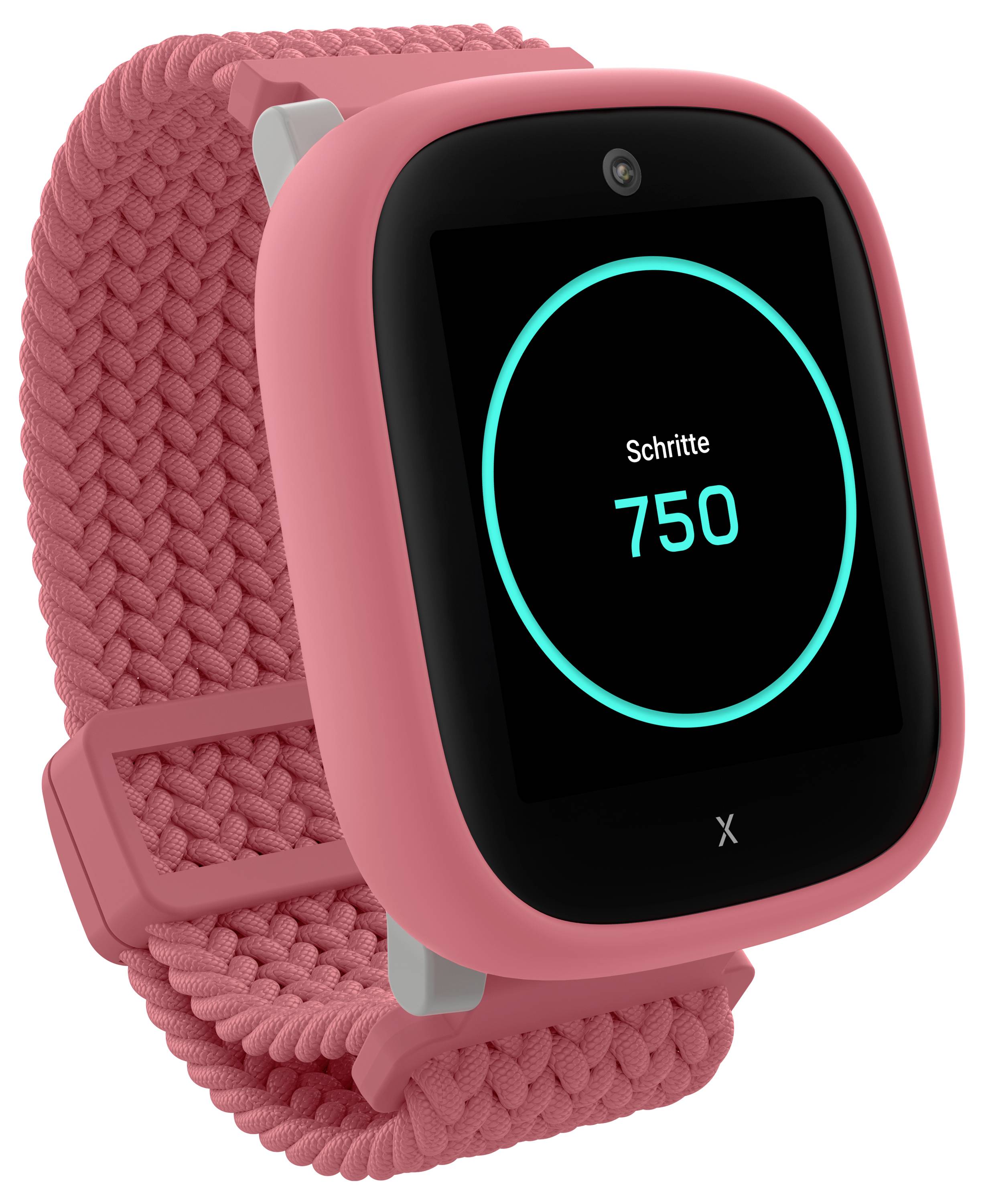 Eine pinke Smartwatch mit einem gewebten Armband zeigt 'Schritte 750' auf ihrem Bildschirm und signalisiert, dass der Träger 750 Schritte zurückgelegt hat.