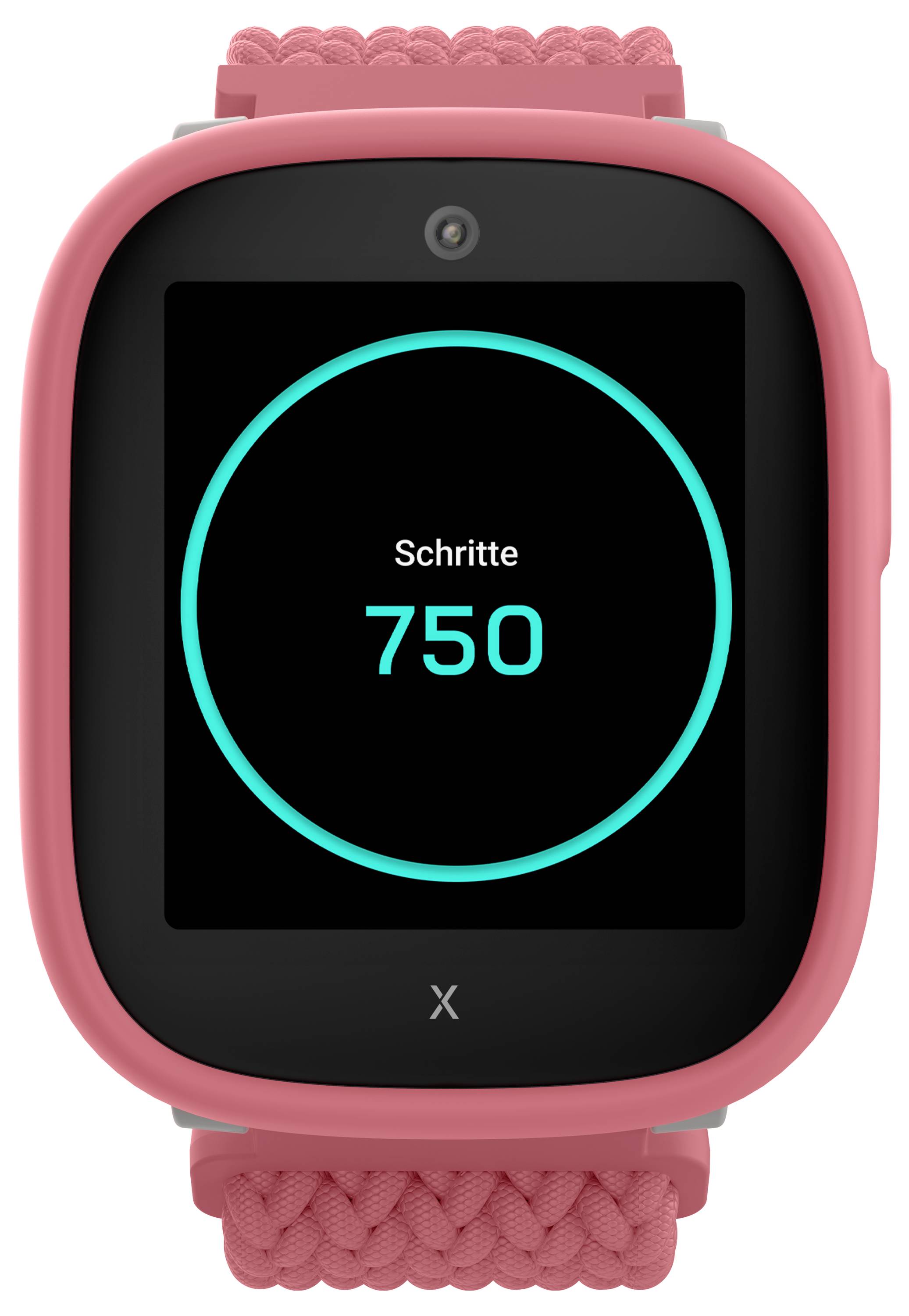 Eine rosa Smartwatch, die 'Schritte 750' in blauer Schrift auf dem Bildschirm anzeigt und damit die Anzahl der zurückgelegten Schritte dokumentiert.