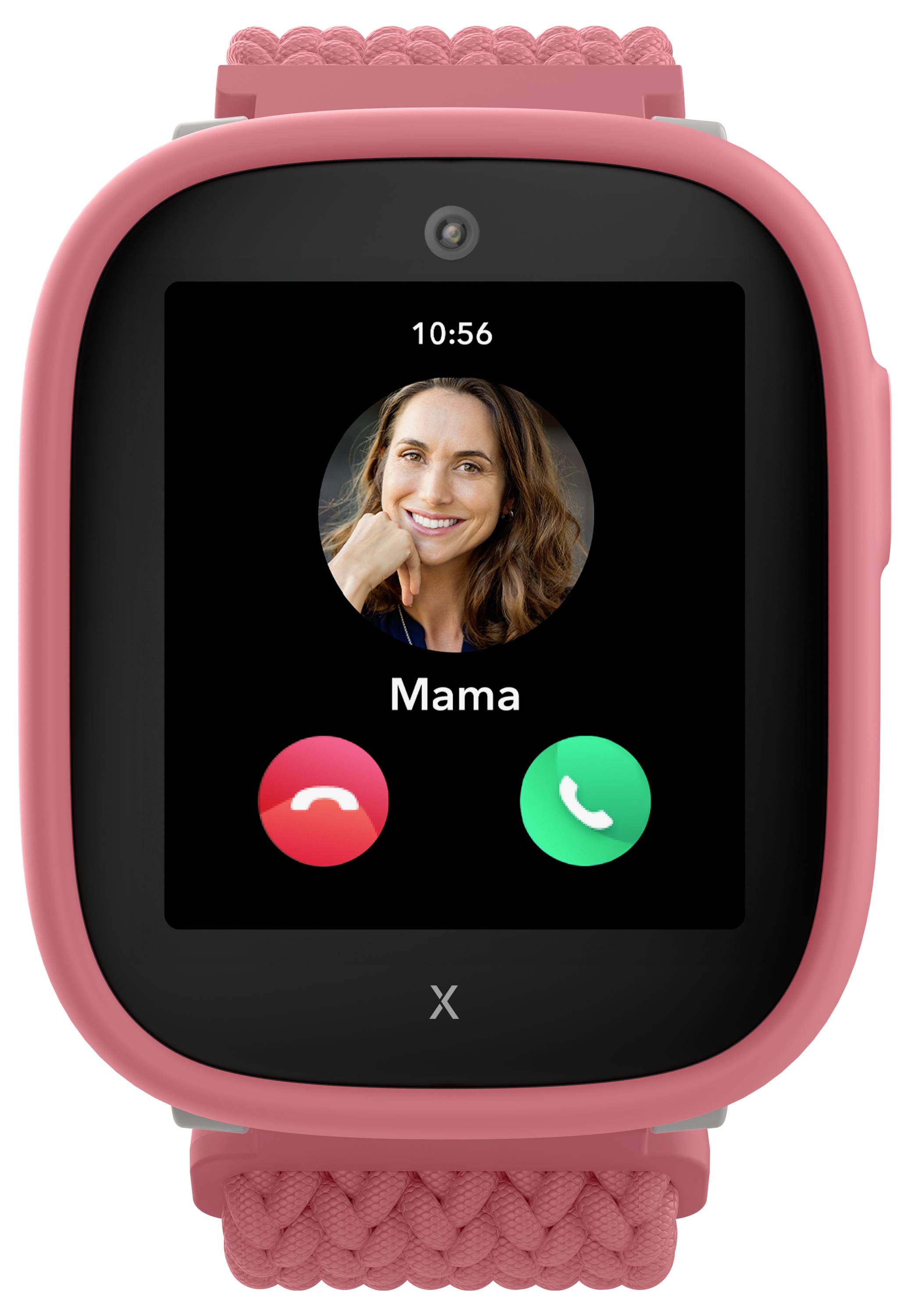 Eine rosa Smartwatch, die eine Anrufoberfläche zeigt, mit einem Foto einer Frau und der Bezeichnung 