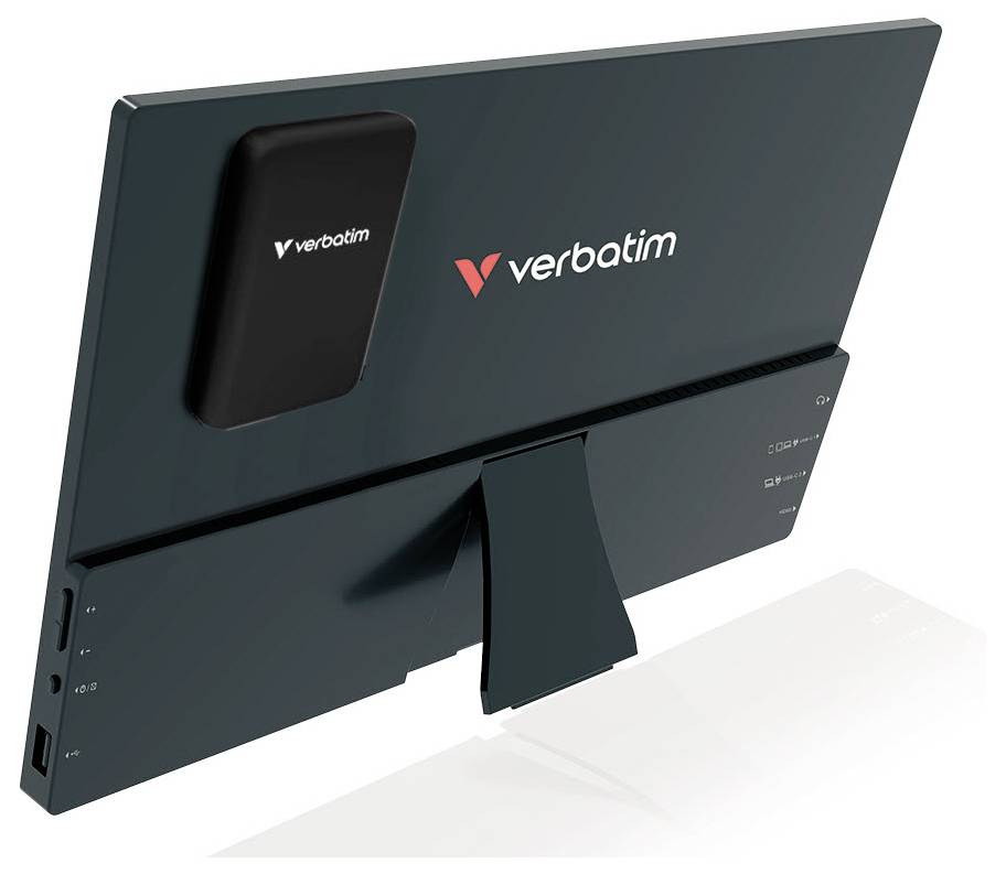 Ein Verbatim-Externspeicher, der an der Rückseite eines schlanken, modernen Monitorständers angebracht ist und ein minimalistisches Design und effiziente Platznutzung demonstriert.