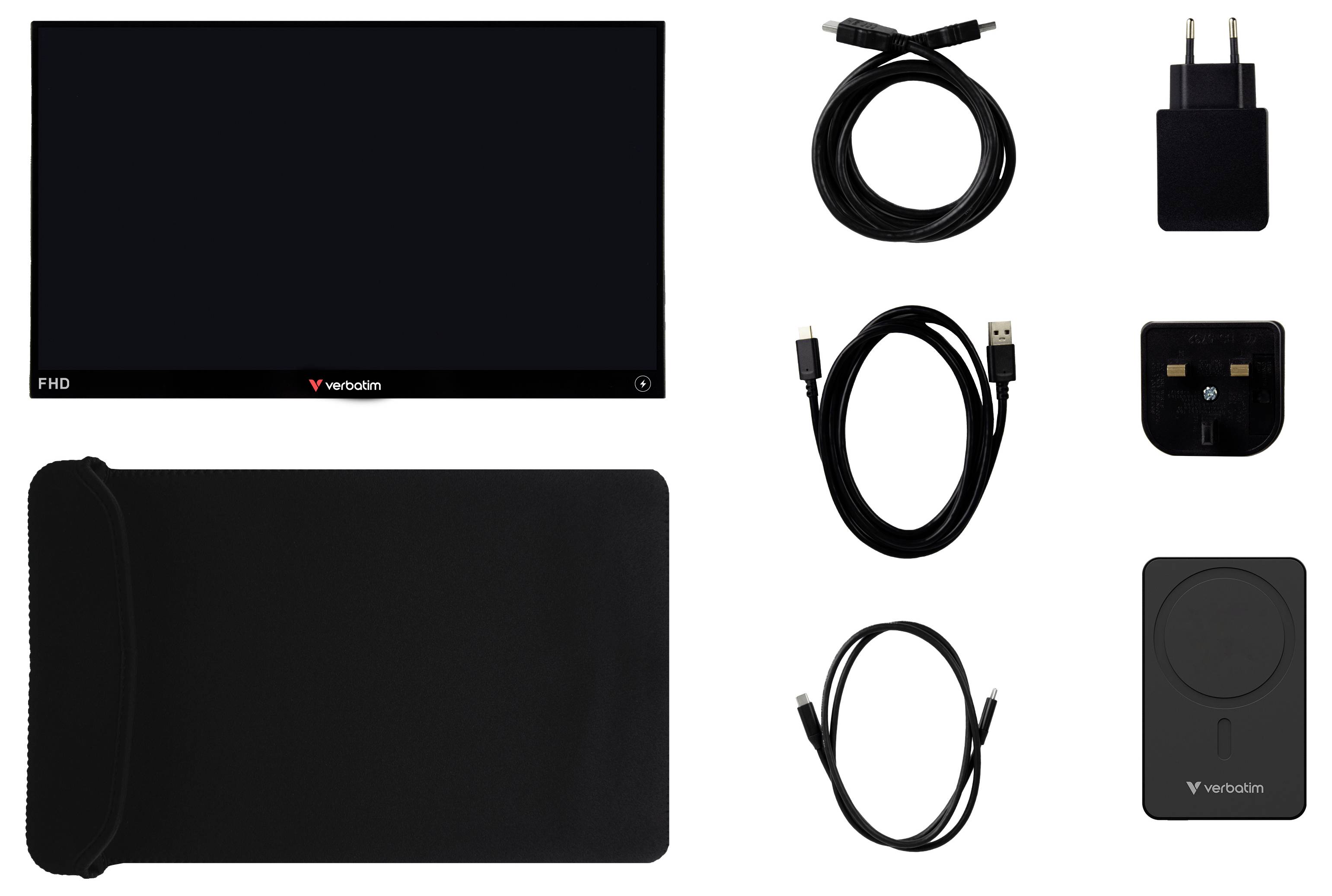 Verbatim FHD-Display mit schwarzer Schutzhülle, zwei USB-C-Kabeln, USB-Adapter, Wandladegerät und drahtloser Ladepads.