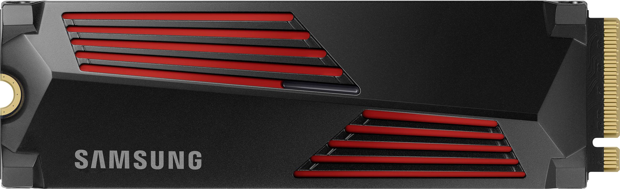 Ein eleganter schwarzer Samsung SSD mit roten Akzenten, der ein kompaktes Design und einen goldenen Stecker für Hochgeschwindigkeits-Datenübertragung aufweist.