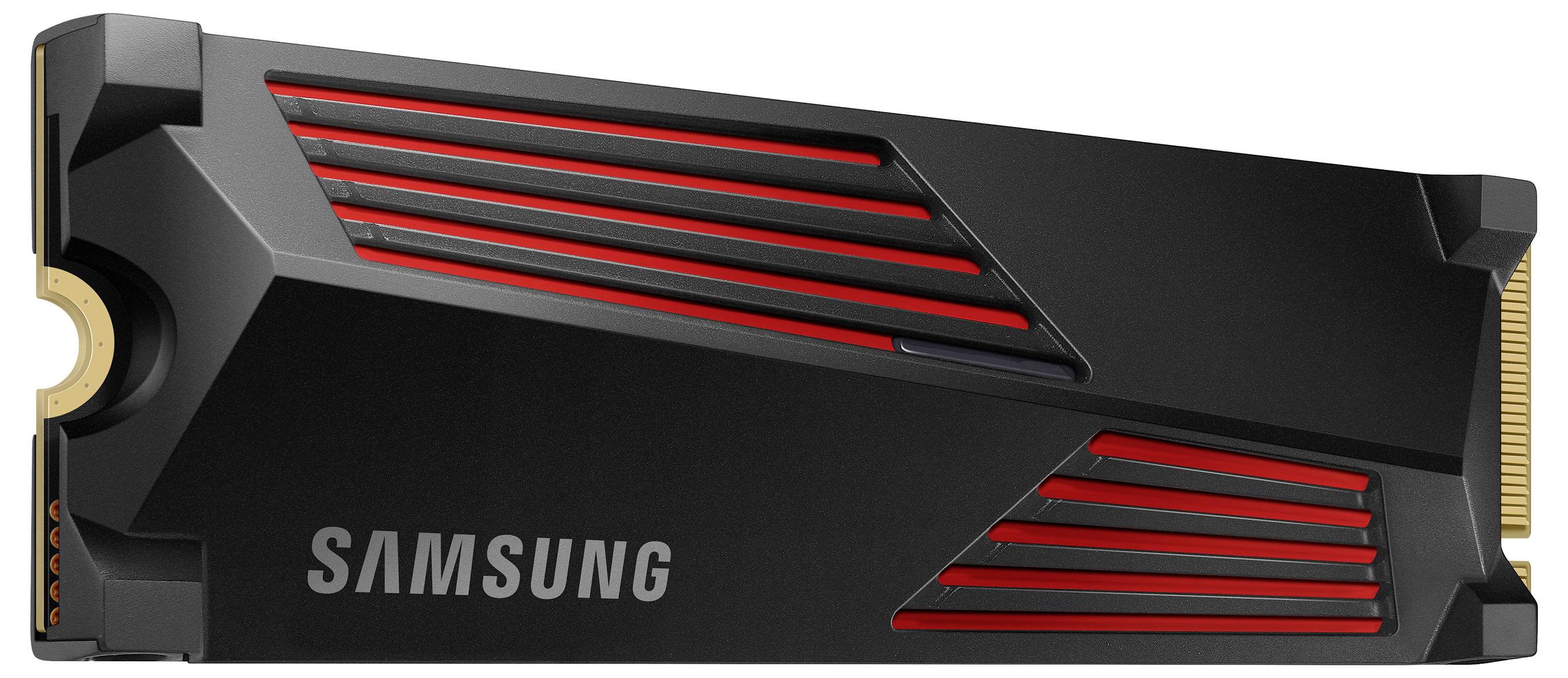 Eine Samsung SSD mit einem eleganten schwarz-roten Design, die eckige Muster aufweist. Wird für Hochgeschwindigkeitsdatenspeicherung in Computern verwendet.