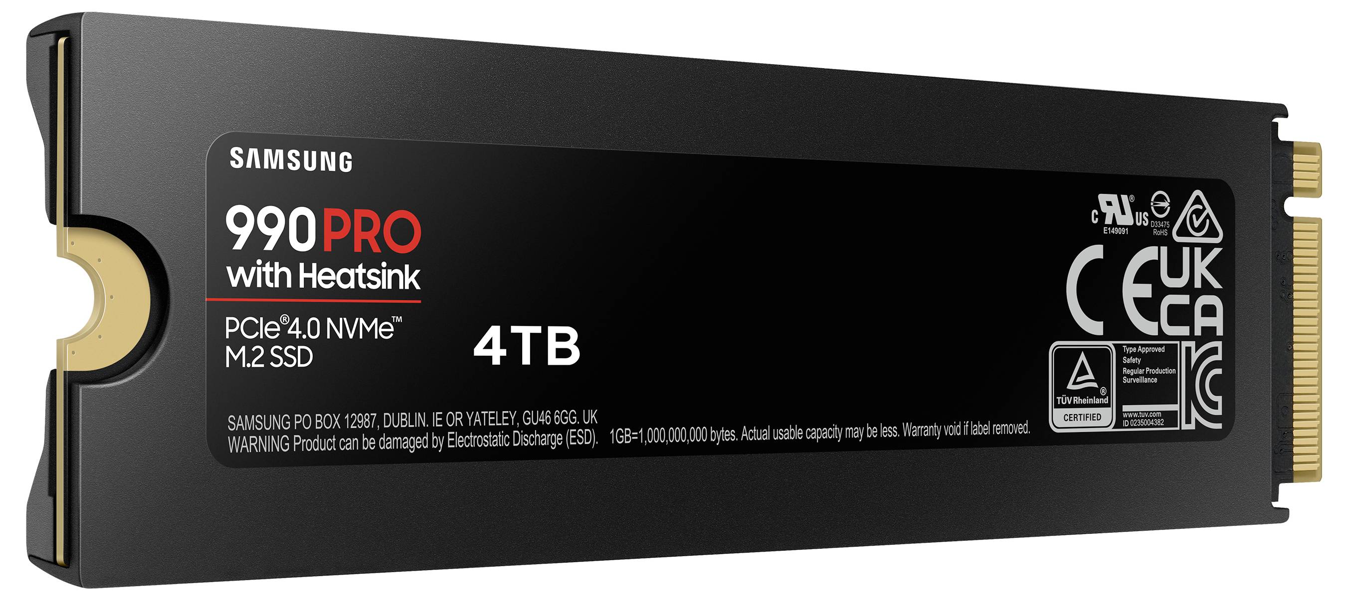 4TB Samsung 990 PRO SSD mit Kühlkörper, PCIe 4.0 NVMe M.2, schwarze rechteckige Form, Markenzeichen und Zertifizierungen sichtbar.