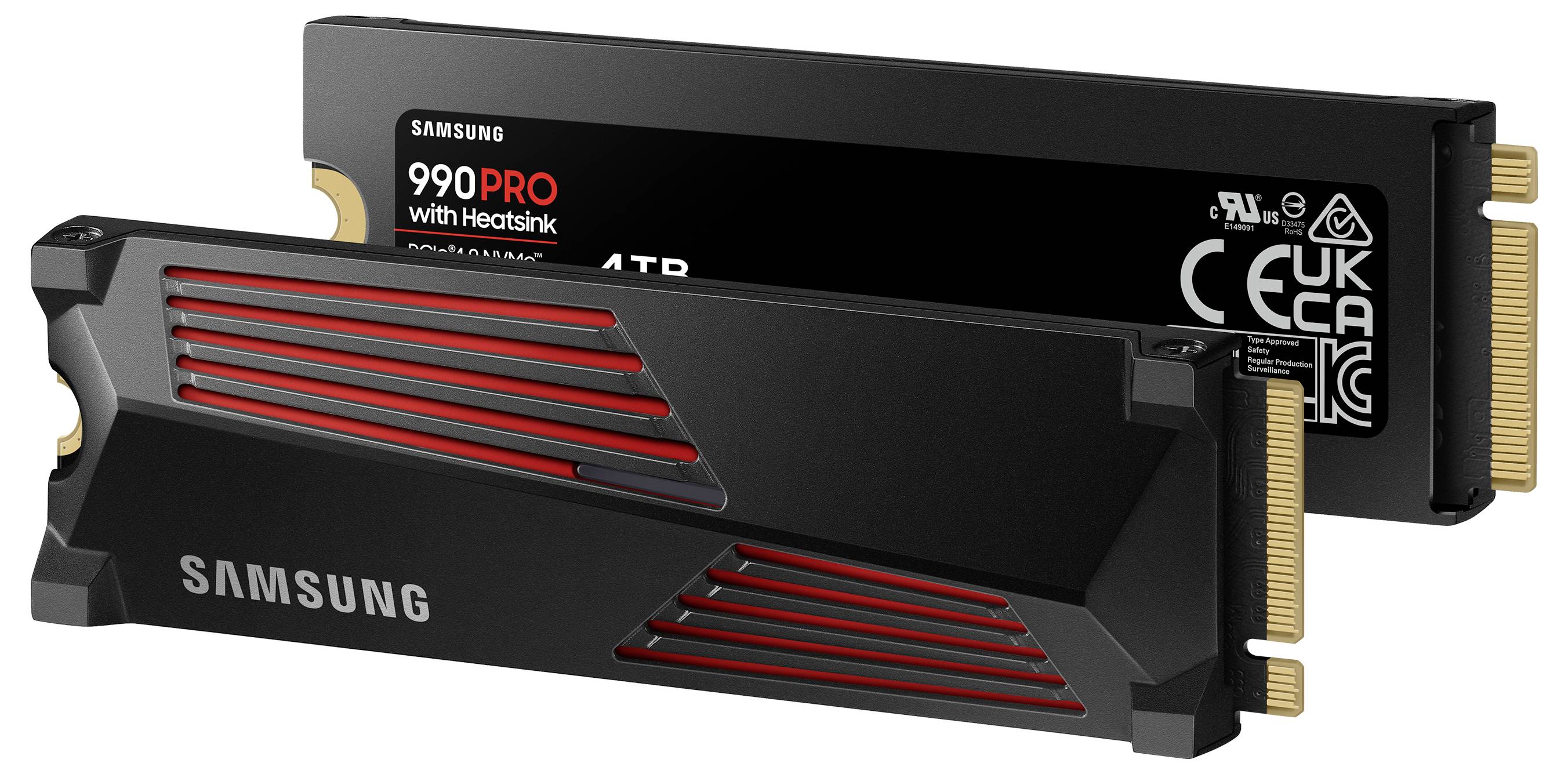 Samsung 990 PRO SSD mit Kühlkörper, 4TB, von vorne und hinten gezeigt, wobei das schlanke Design und die Kühlfunktionen hervorgehoben werden.