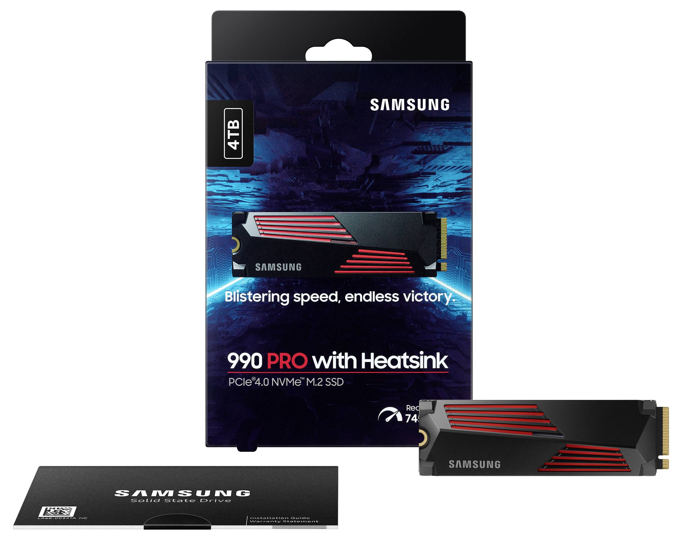 Samsung 990 PRO mit Kühlkörper SSD-Verpackung zeigt eine 4TB PCIe 4.0 NVMe M.2 SSD. Text lautet 