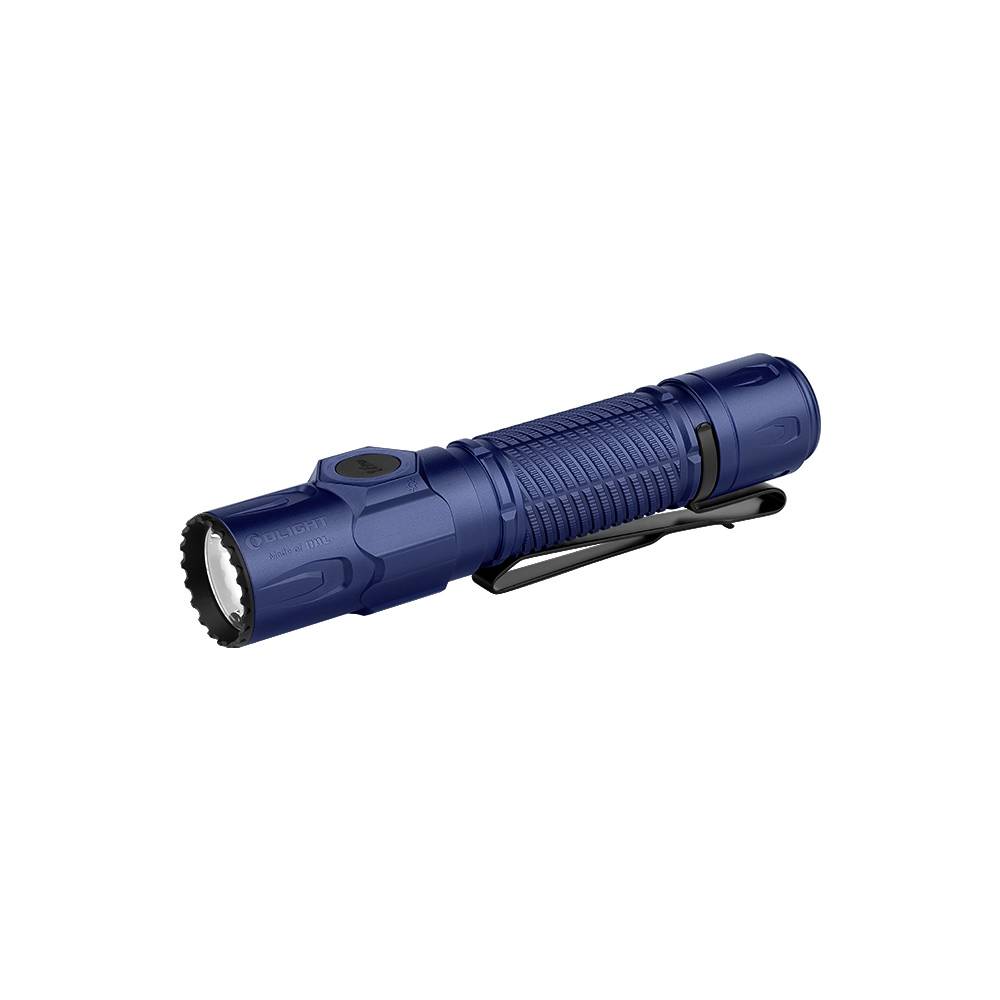 Inhalt der Verpackung eines Taschenlampen-Sets: eine blaue Taschenlampe, schwarze Box, Bedienungsanleitung, gelbe Warnkarte, Transporttasche, Ladekabel und Garantiekarte.