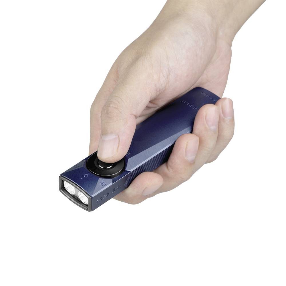 Ein blauer, tragbarer Scanner mit einer Kameraobjektive am Ende, entwickelt zum Scannen und Digitalisieren von Dokumenten, ausgestattet mit einer Klammer für einfache Transportierbarkeit.
