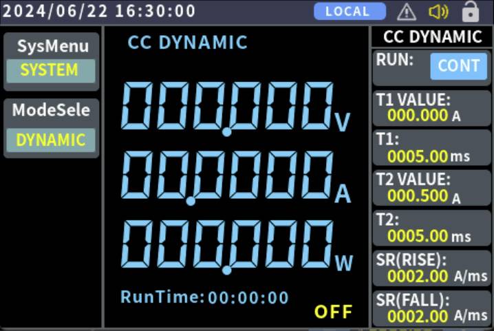 Der Bildschirm 'CC DYNAMIC' zeigt Spannung, Strom und Leistung als 0 an. Die Laufzeit ist '00:00:00'. Die gelben T1- und T2-Werte kennzeichnen Zeitintervalle.