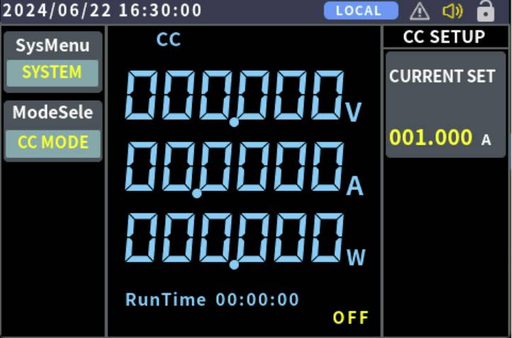 Auf dem Bildschirm 'CC SETUP' wird 'CURRENT SET' als '001.000 A' angezeigt. Andere Kennzahlen zeigen '0' Werte für Spannung, Strom und Leistung. 'RunTime' ist '00:00:00'.