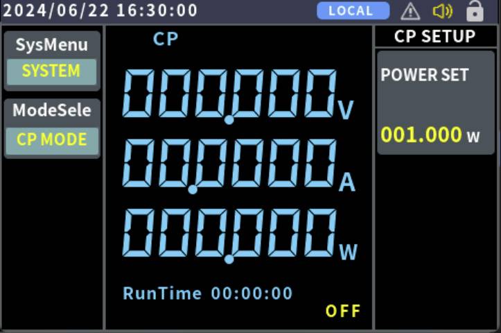 Im 'CP SETUP'-Bildschirm werden Spannung, Stromstärke und Wattzahl alle mit Null angezeigt, wobei die Leistung auf 001,000 W eingestellt ist. Die Laufzeit ist 00:00:00 und ist AUS.