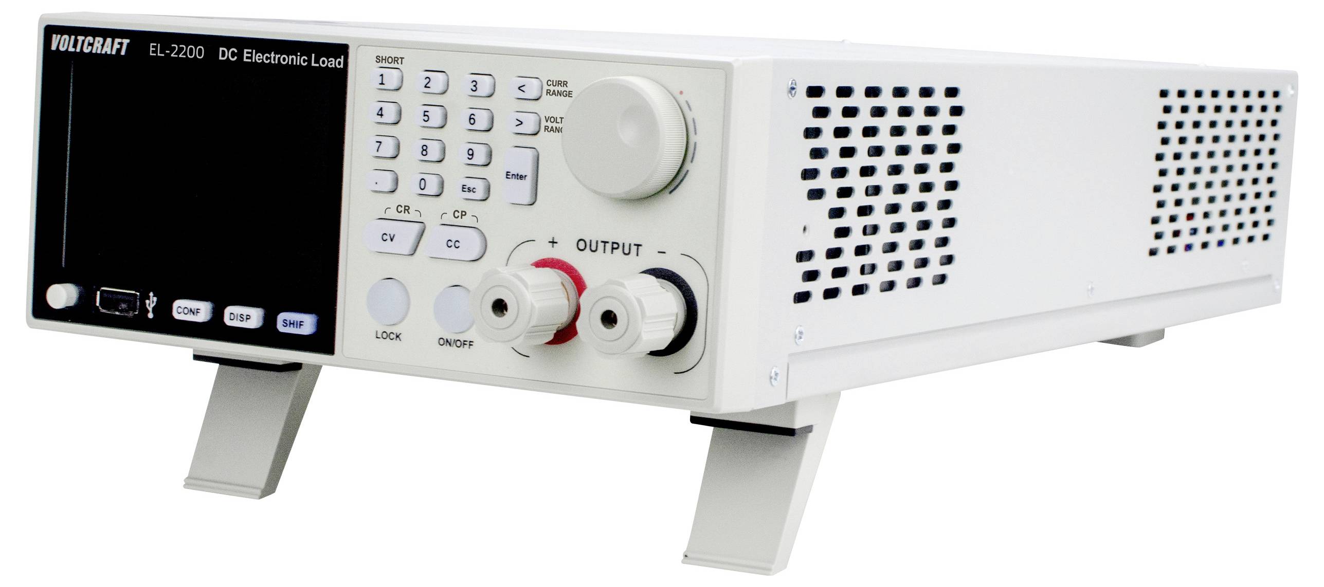Ein Voltcraft DL-2200 elektronisches Lastgerät mit Steuerungstasten und Drehknöpfen ist leicht nach rechts geneigt und verfügt über Ein-/Ausgangsklemmen.