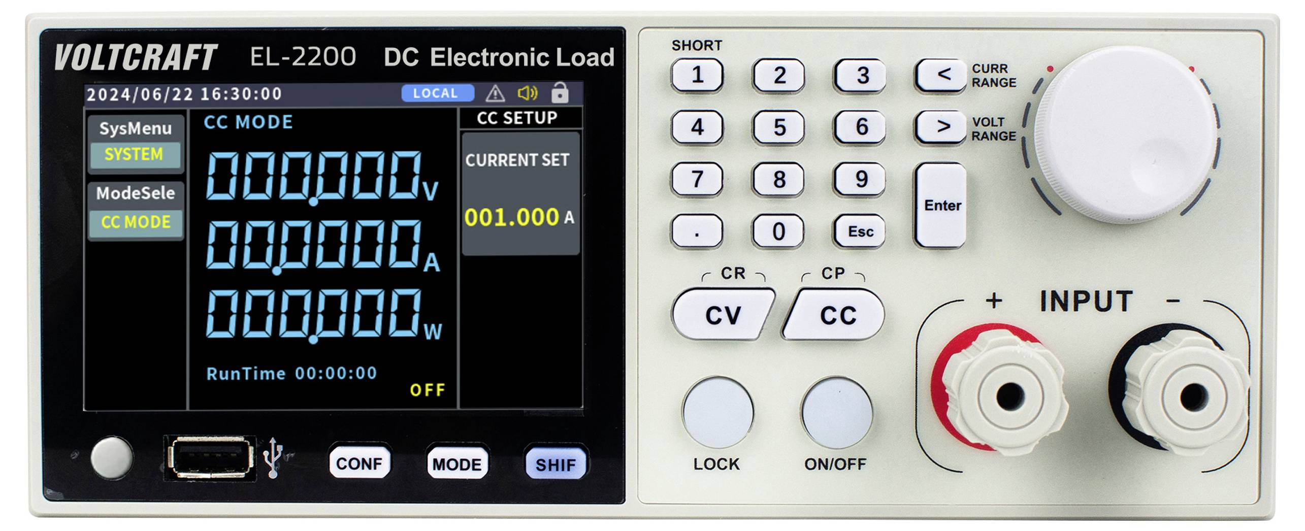 Voltcraft EL-2200 DC elektronische Last mit digitaler Anzeige, Tasten zur Einstellungssteuerung und Eingangsklemmen zur Leistungsmessung.