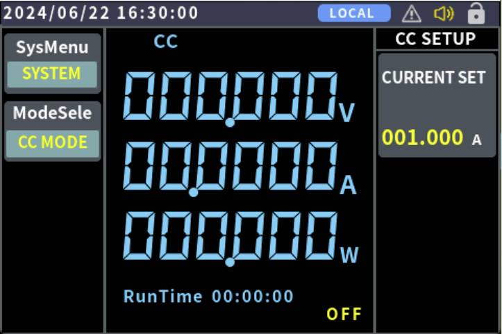 Das Bild zeigt eine elektronische Anzeige mit Systemstatus auf ‚CC MODE' eingestellt. Der aktuelle Satz ist ‚001.000 A'. Die Laufzeit zeigt ‚00:00:00 AUS'.