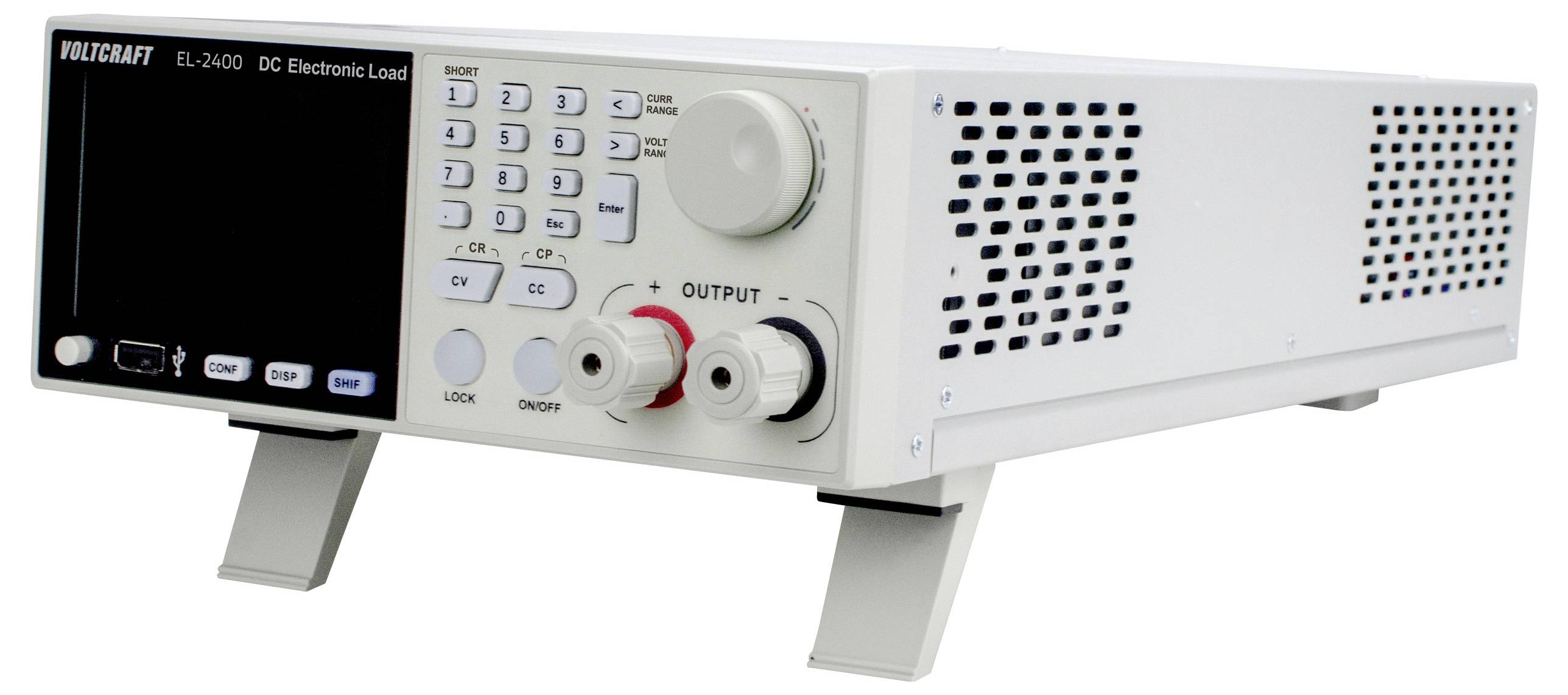 Ein rechteckiges DC-elektronisches Lastgerät mit Display, Steuerungstasten und roten und schwarzen Drehknöpfen für Ausgabeverbindungen.
