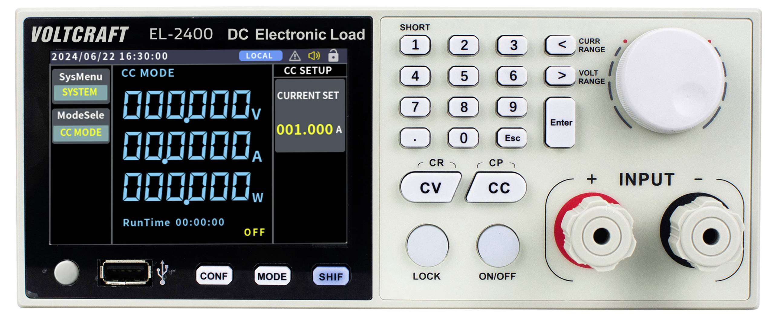 'VOLTCRAFT EL-2400 DC Elektronische Last' mit digitalem Display, das aktuelle Einstellungen und Steuerungen für verschiedene Funktionen zeigt.