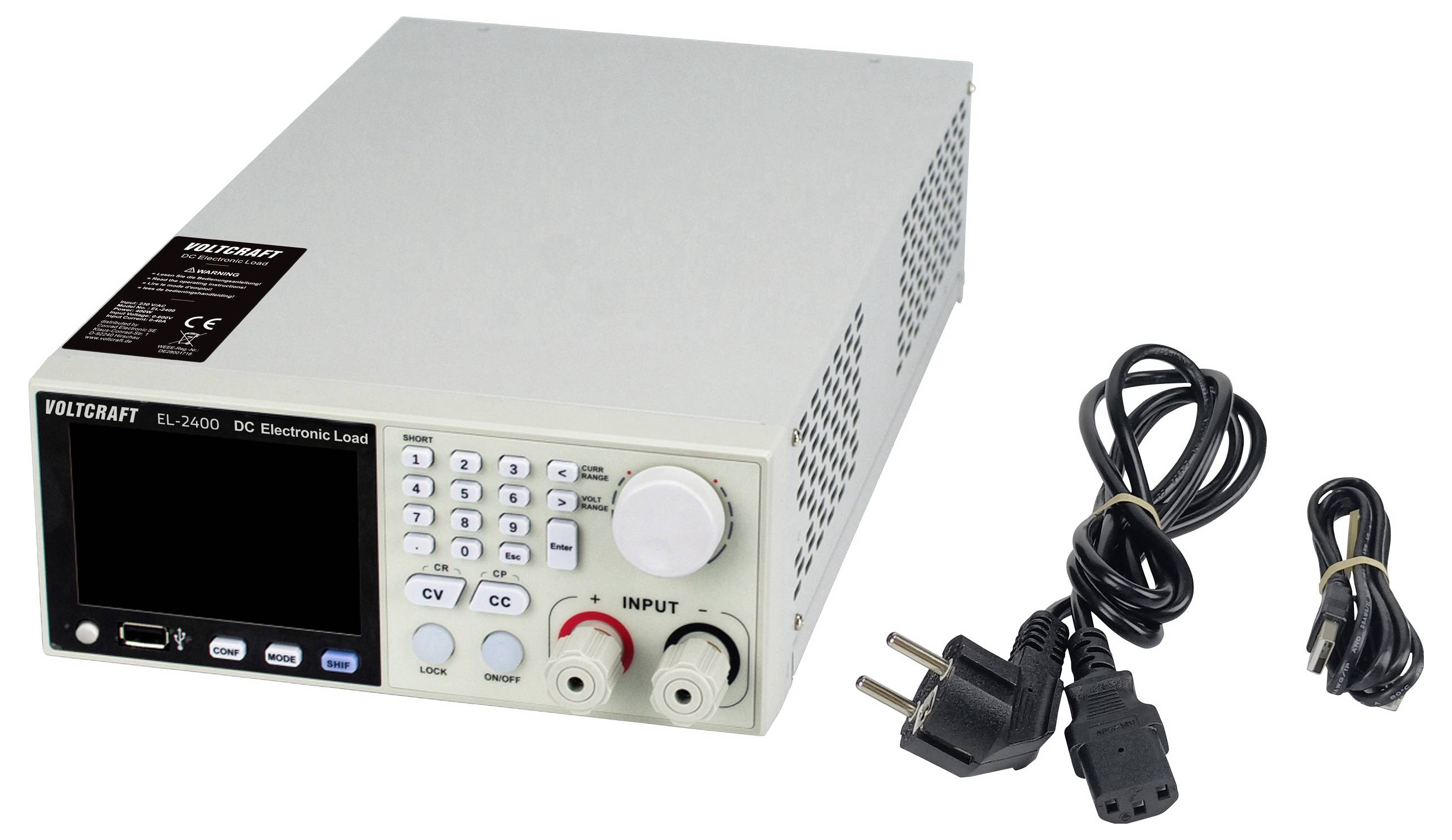 Voltcraft EL-2400 DC-elektronische Lastgerät mit digitaler Anzeige, verschiedenen Bedienungstasten und Eingangsklemmen. Stromkabel im Lieferumfang enthalten.