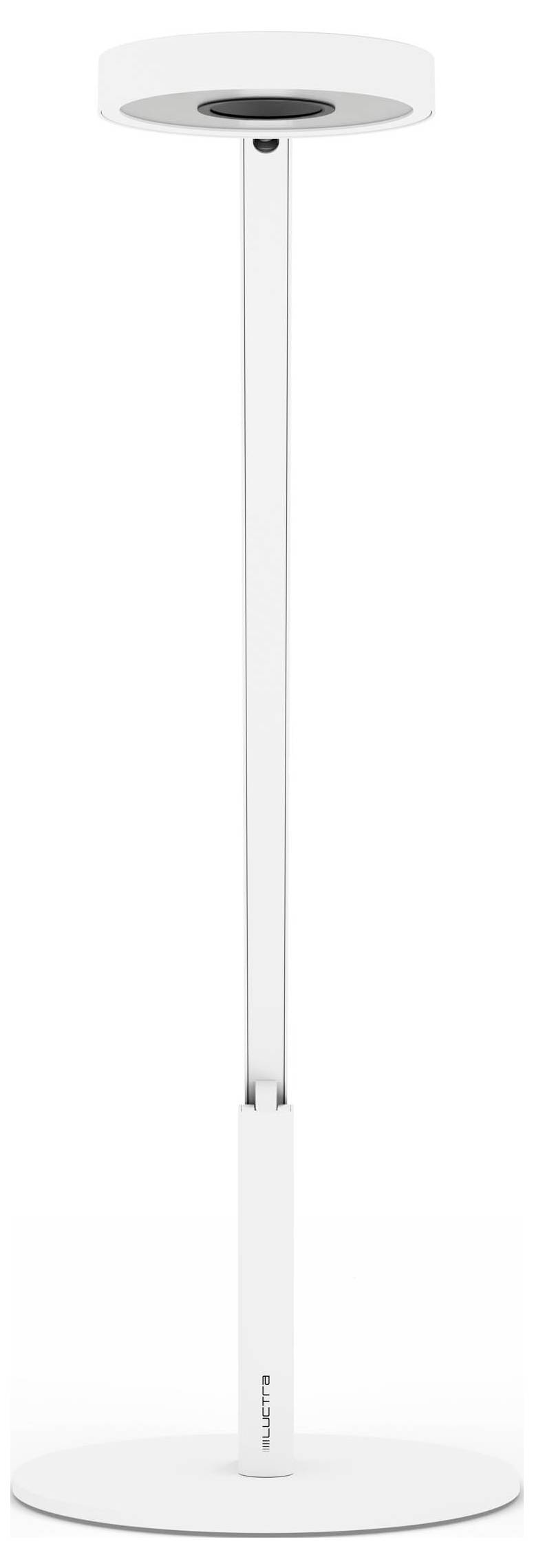 Eine elegante, moderne weiße Stehlampe mit einer runden Basis und einer höhenverstellbaren Stange, ausgestattet mit einer runden, flachen Leuchte an der Spitze.