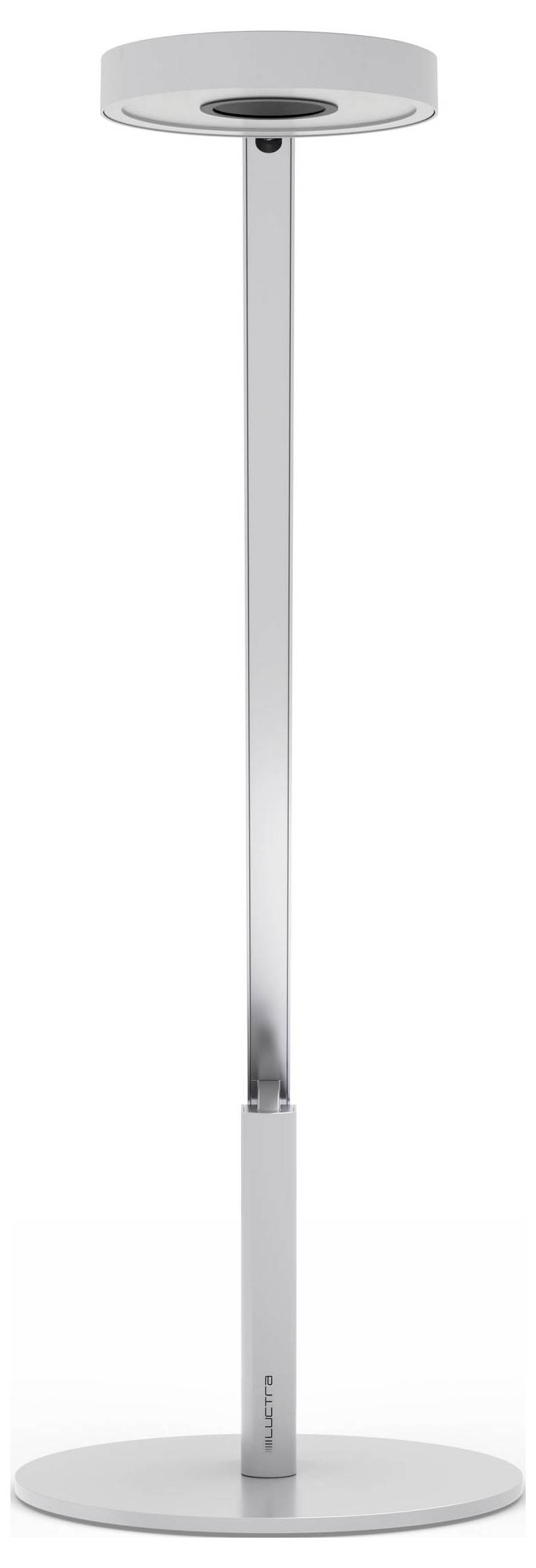 Eine moderne, minimalistische Stehlampe mit rundem Fuß und rundem Kopf, die einen schlanken, geraden Schaft in Silberfarbe aufweist.