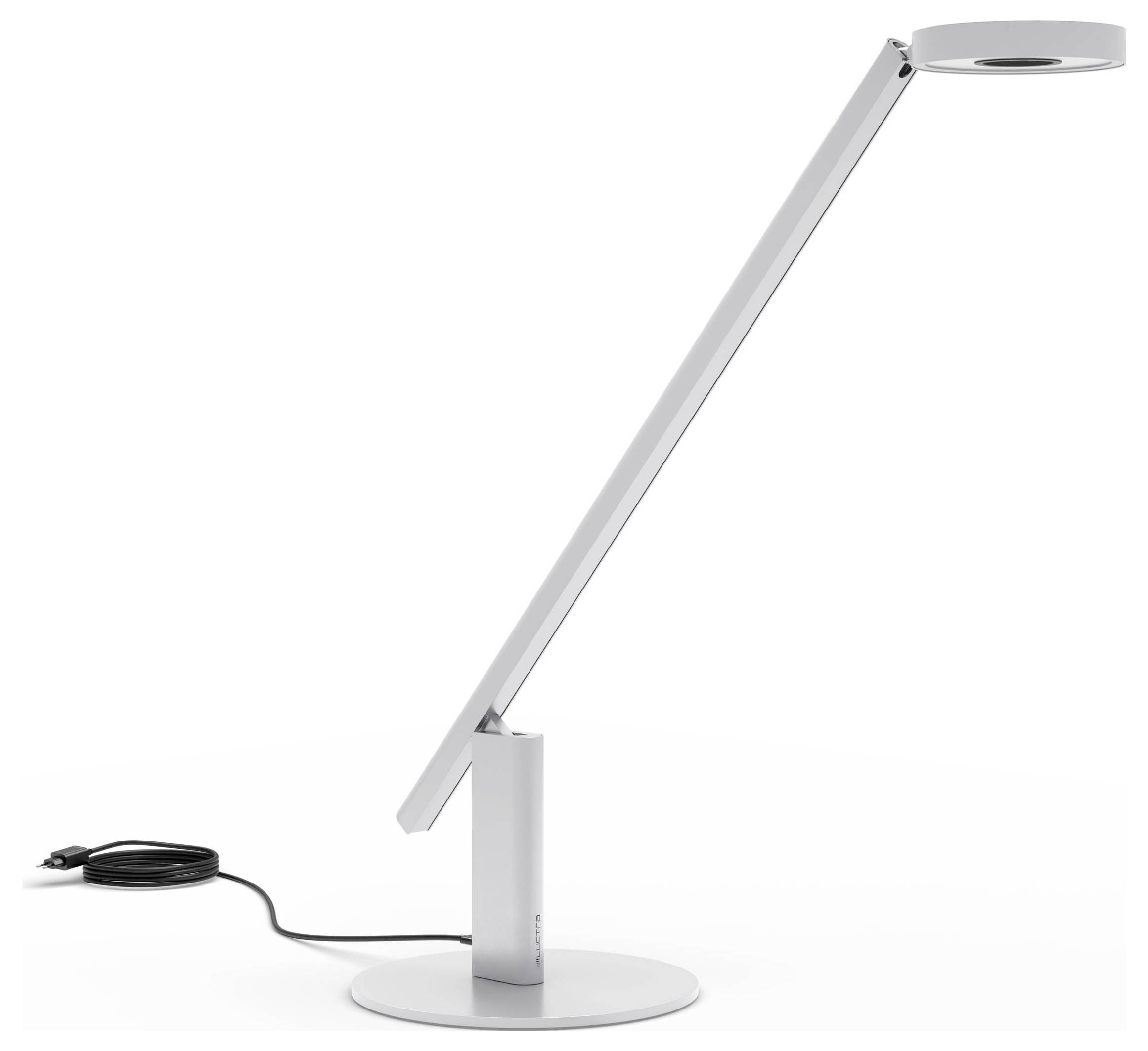 Eine schlichte, moderne Schreibtischlampe mit schlankem Metallarm und kreisförmigem Kopf, ausgestattet mit einem verstellbaren Hals und einem Netzkabel, das vom Fuß ausgeht.