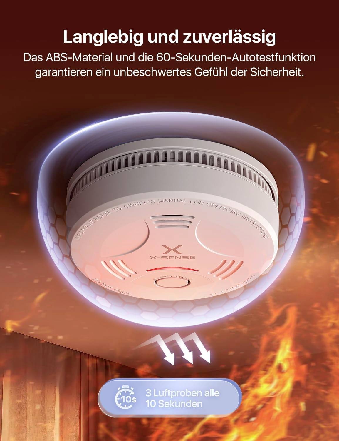 Rauchmelder an der Decke, mit Text 'Langlebig und zuverlässig'. Beschreibt Funktionen wie ABS-Material und 60-Sekunden-Autotest.