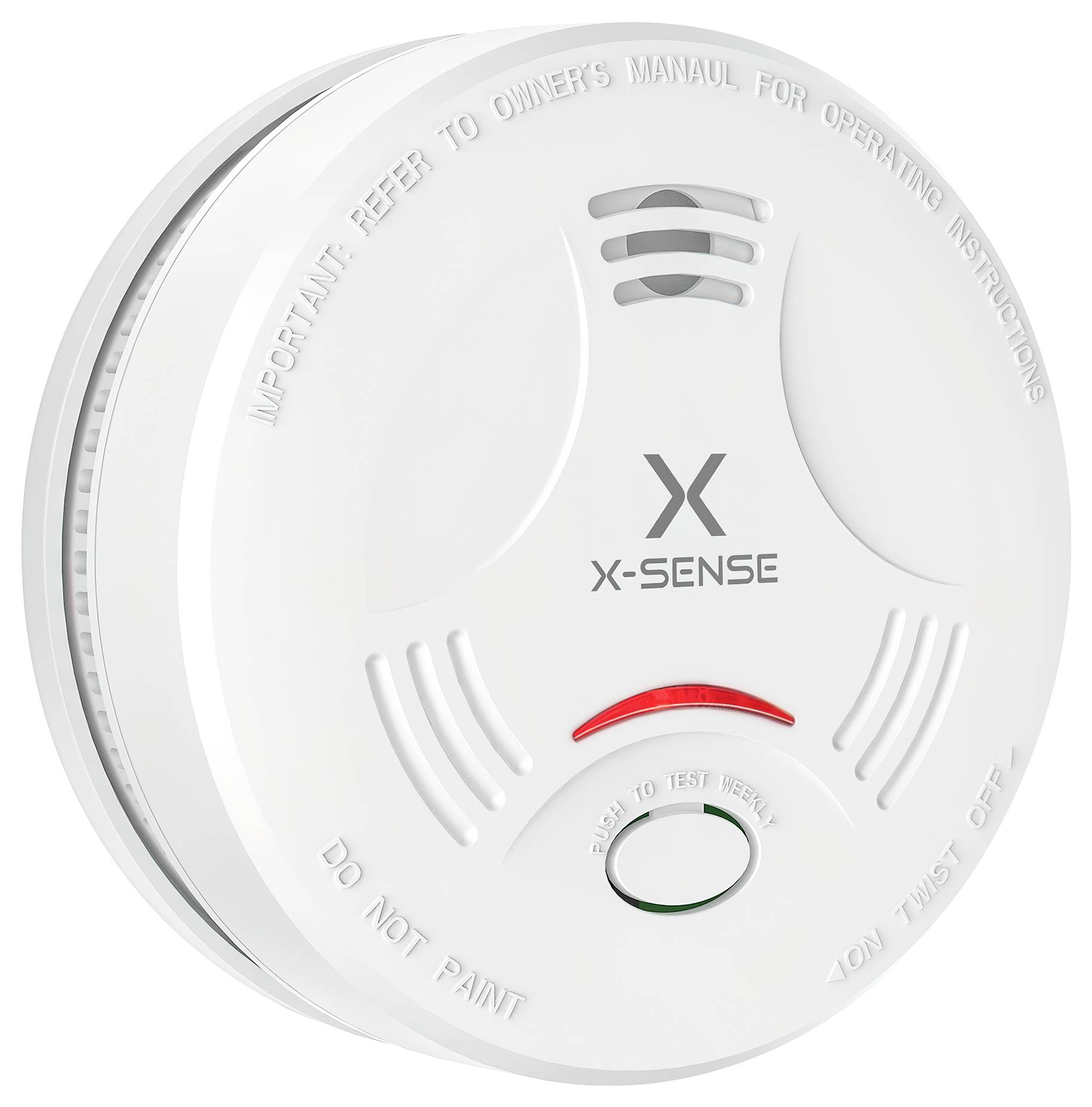 X-Sense Rauchmelder mit 'Test/Silence'-Taste, kreisrunder Bauform und Luftschlitzen. Hinweise zum Nachschlagen in der Bedienungsanleitung sind sichtbar.