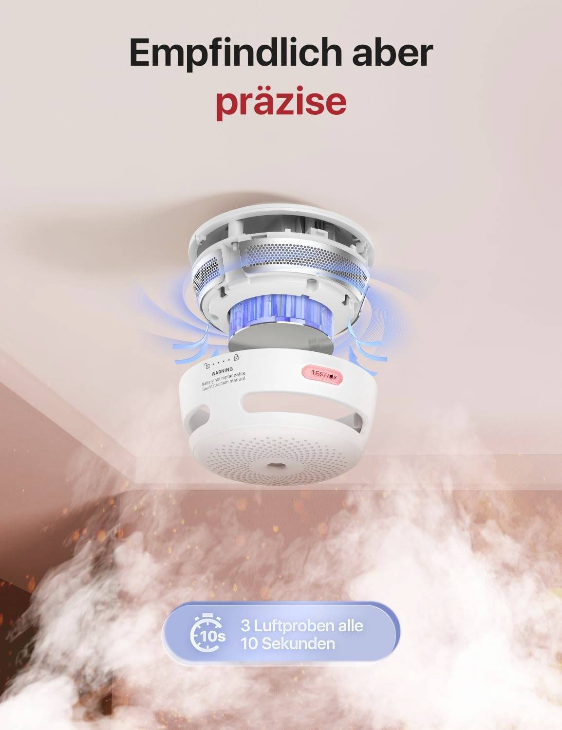 Rauchmelder an der Decke mit blau leuchtenden LED-Lichtern. Text 'Empfindlich aber präzise', erfasst Rauchproben alle 10 Sekunden.